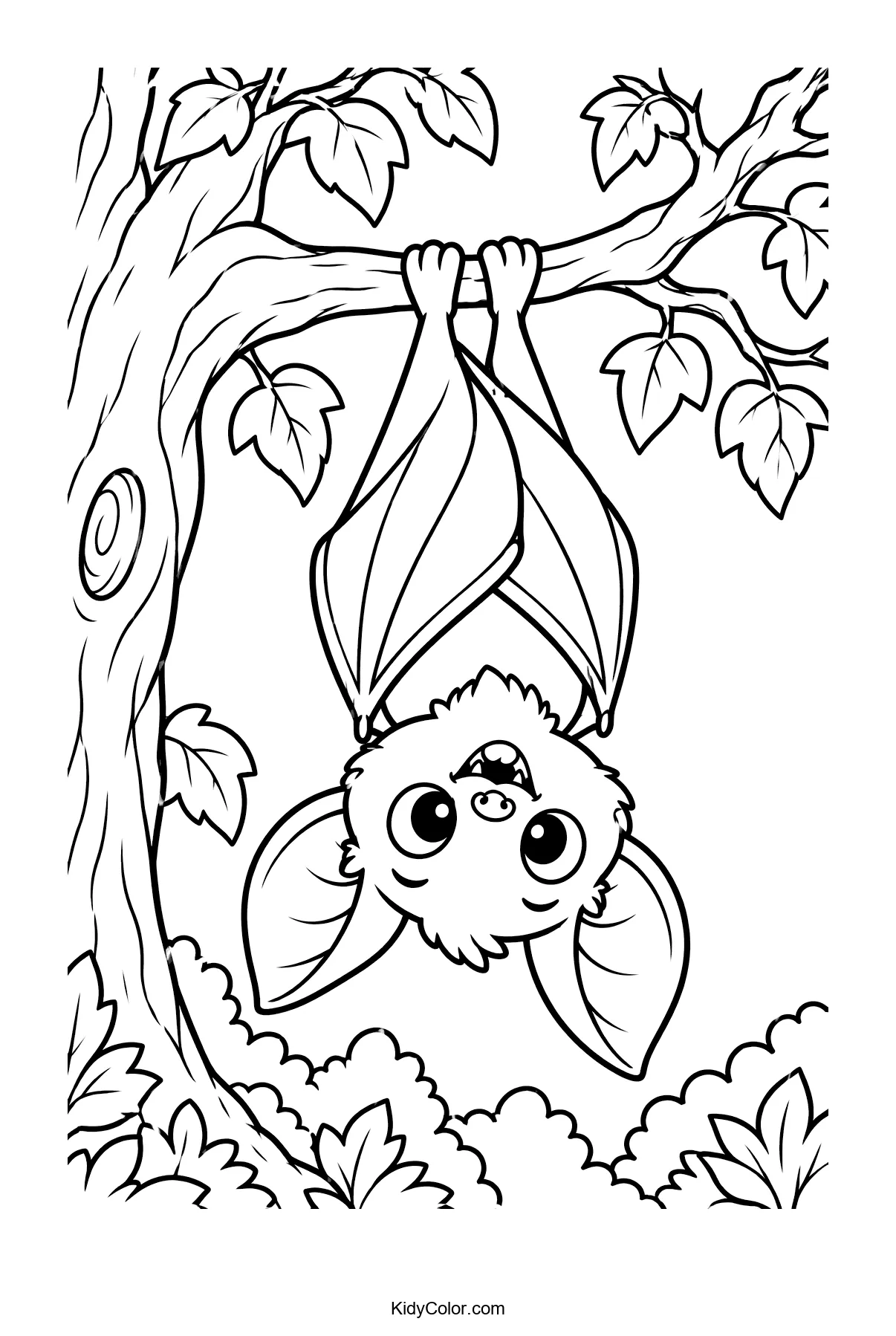 A cute bat with big eyes hanging upside-down from a tree branch with leaves.