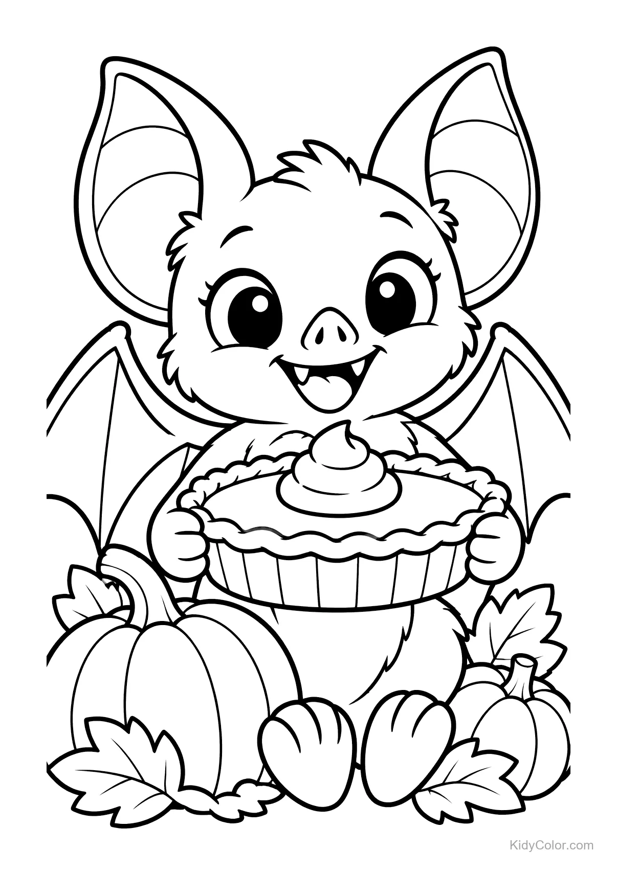 Niedliche Fledermaus mit Kürbiskuchen, umgeben von Kürbissen.