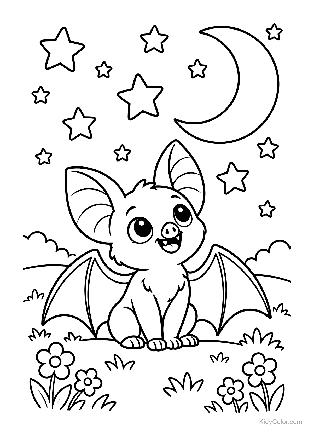 Morceguinho sentado sob uma lua crescente e estrelas com flores ao redor.