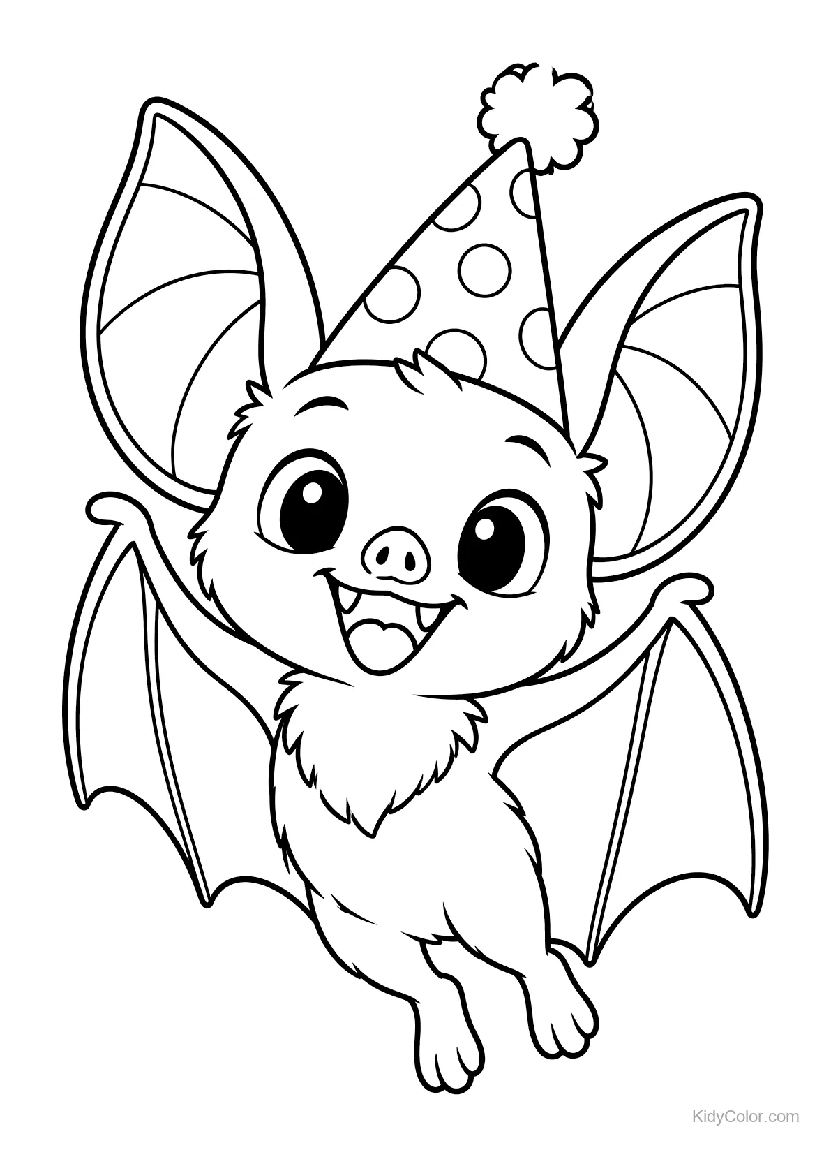 Cute bat with big eyes wearing a polka-dot party hat.