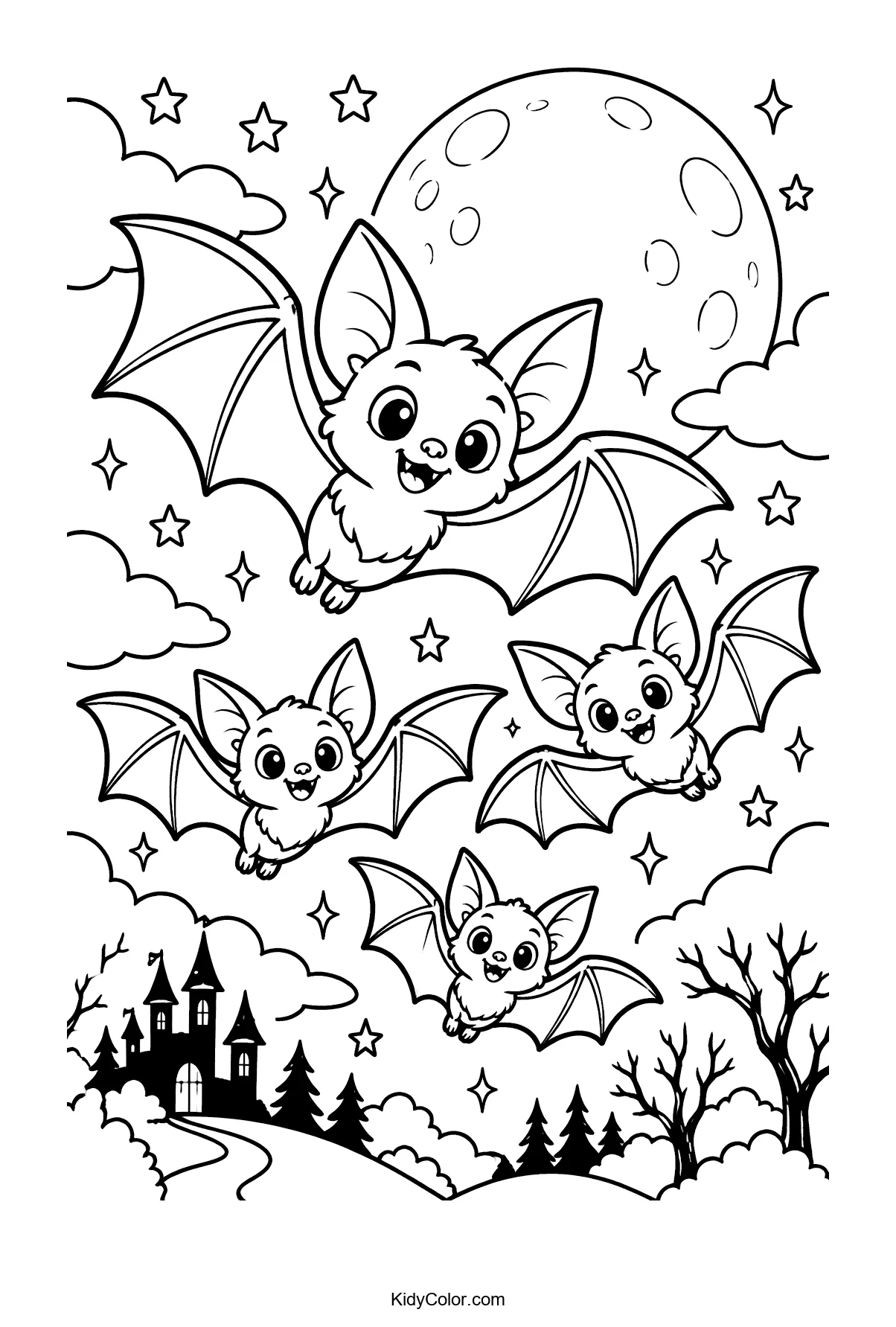 Four cute bats flying under a full moon with stars.