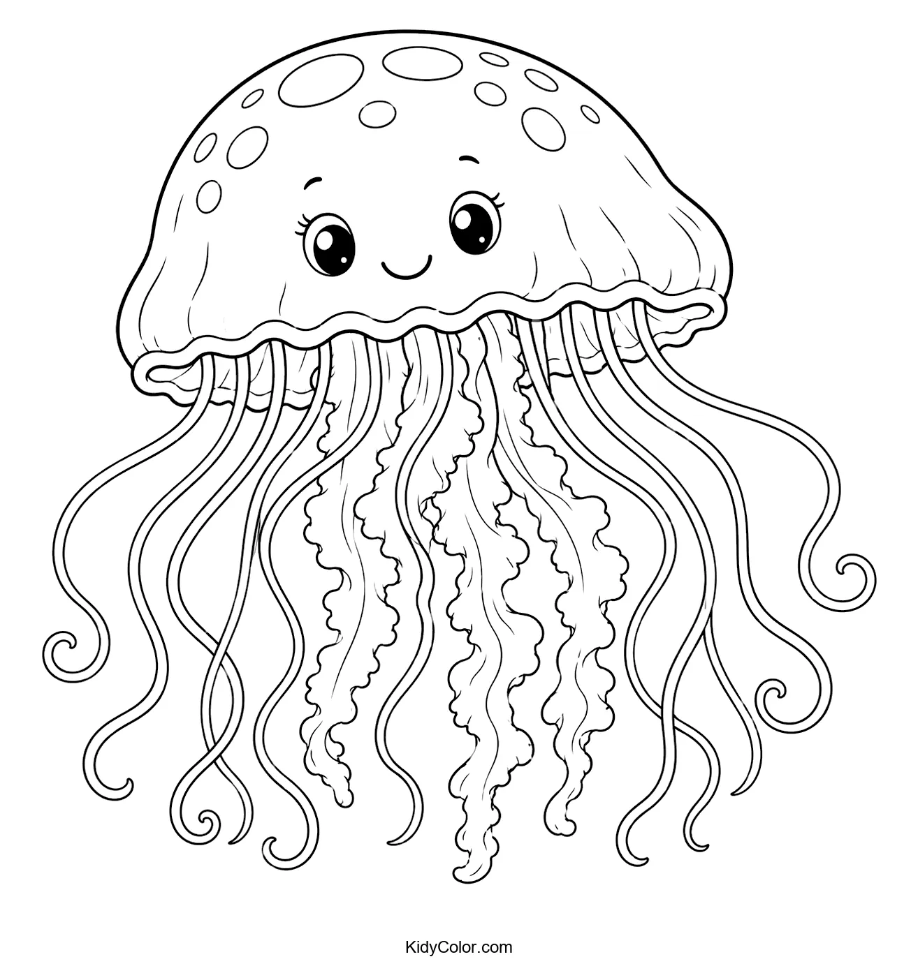 Cute cartoon jellyfish with a smiling face and wavy tentacles.