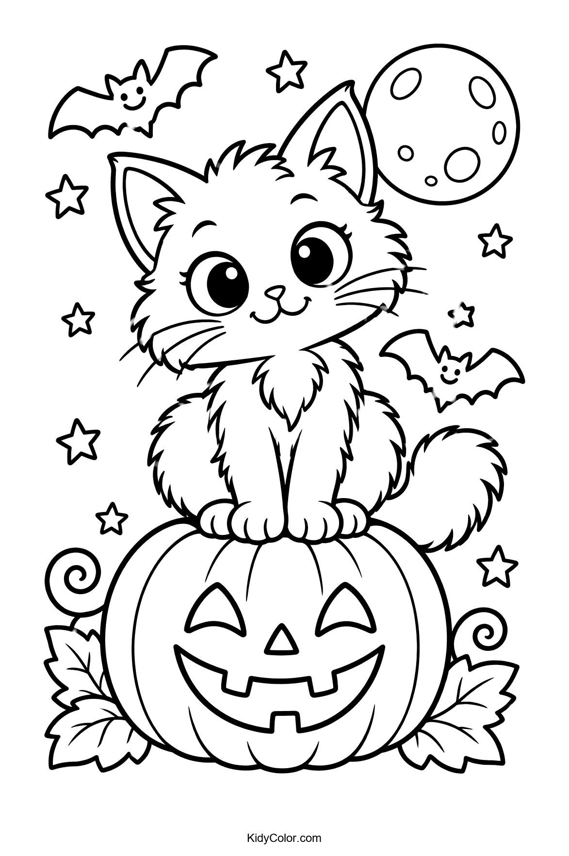 A cute kitten sitting on a jack-o’-lantern with bats and stars.