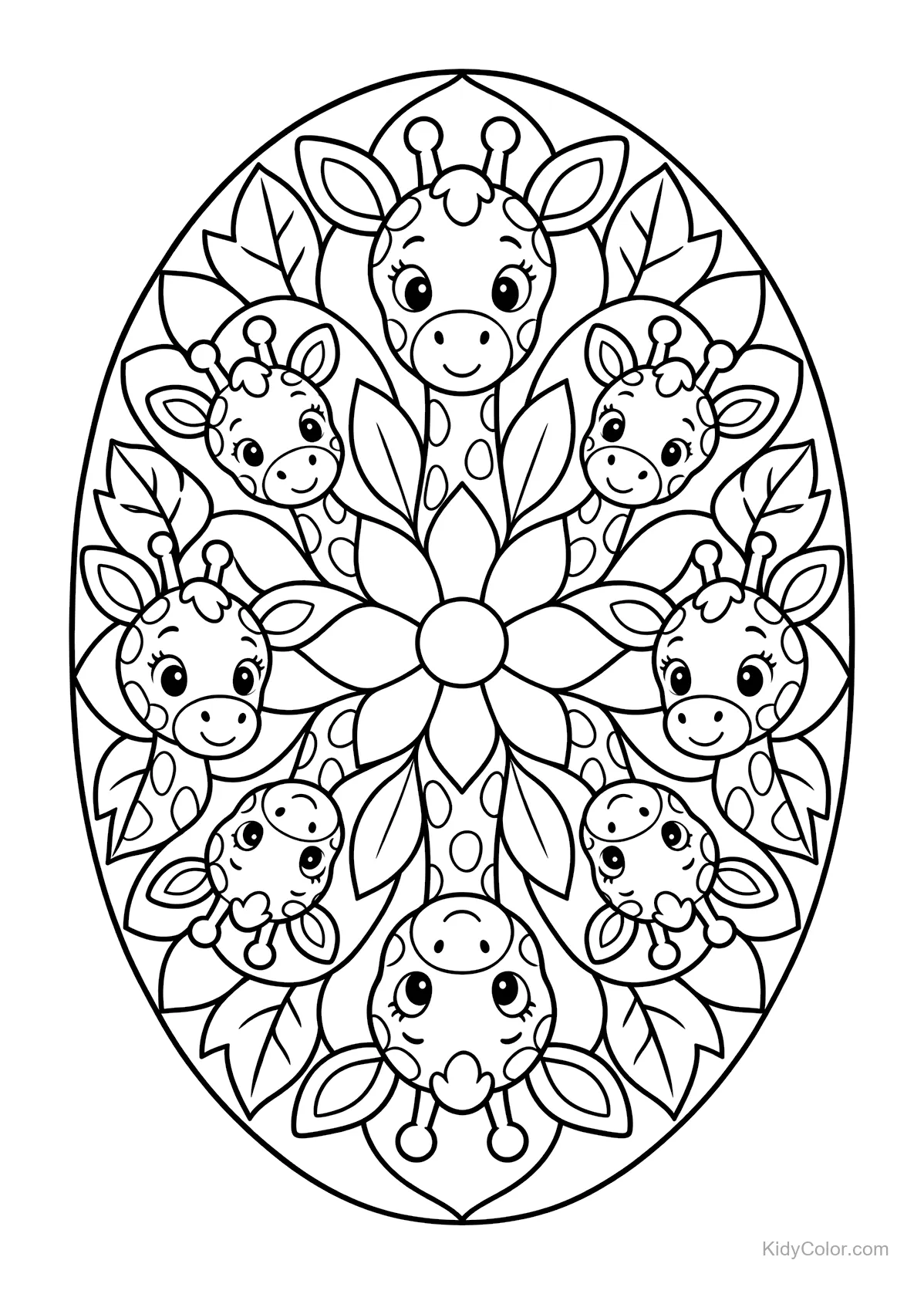 Cute giraffe mandala with six giraffes and leaves in a circular pattern.