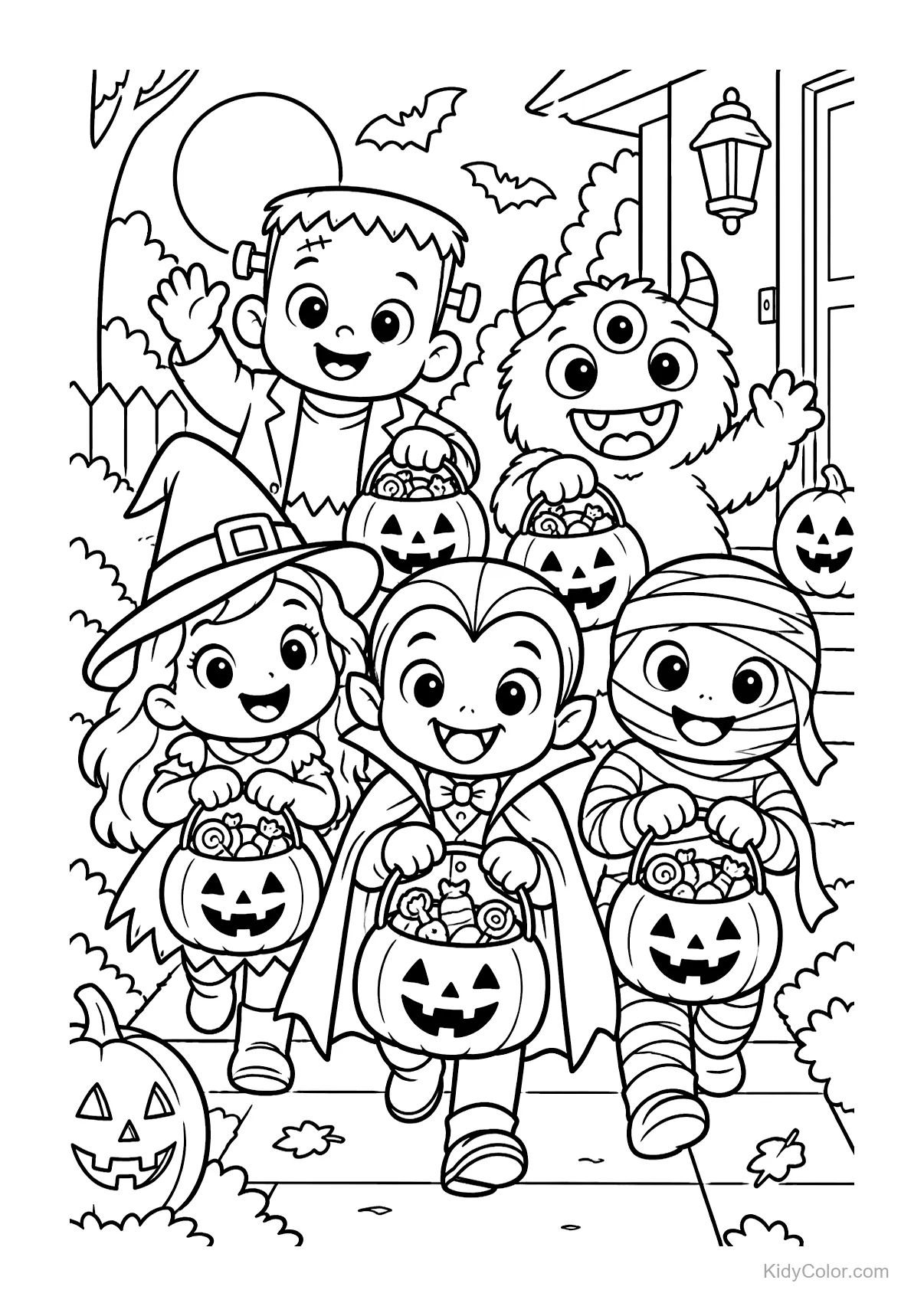Monstrinhos e crianças fantasiadas com baldes de abóbora no Halloween.