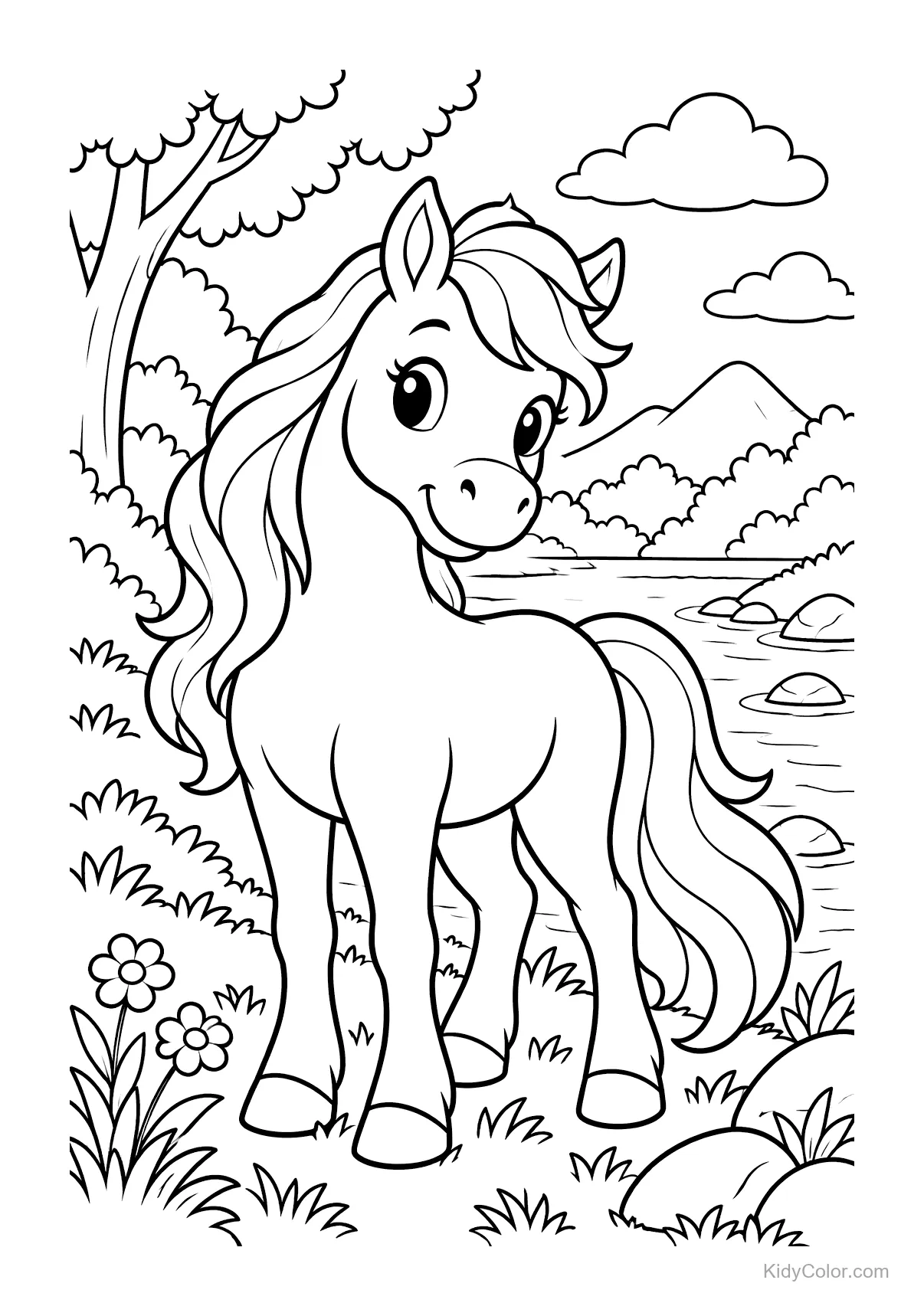 A cute horse stands beside a river with trees and mountains.
