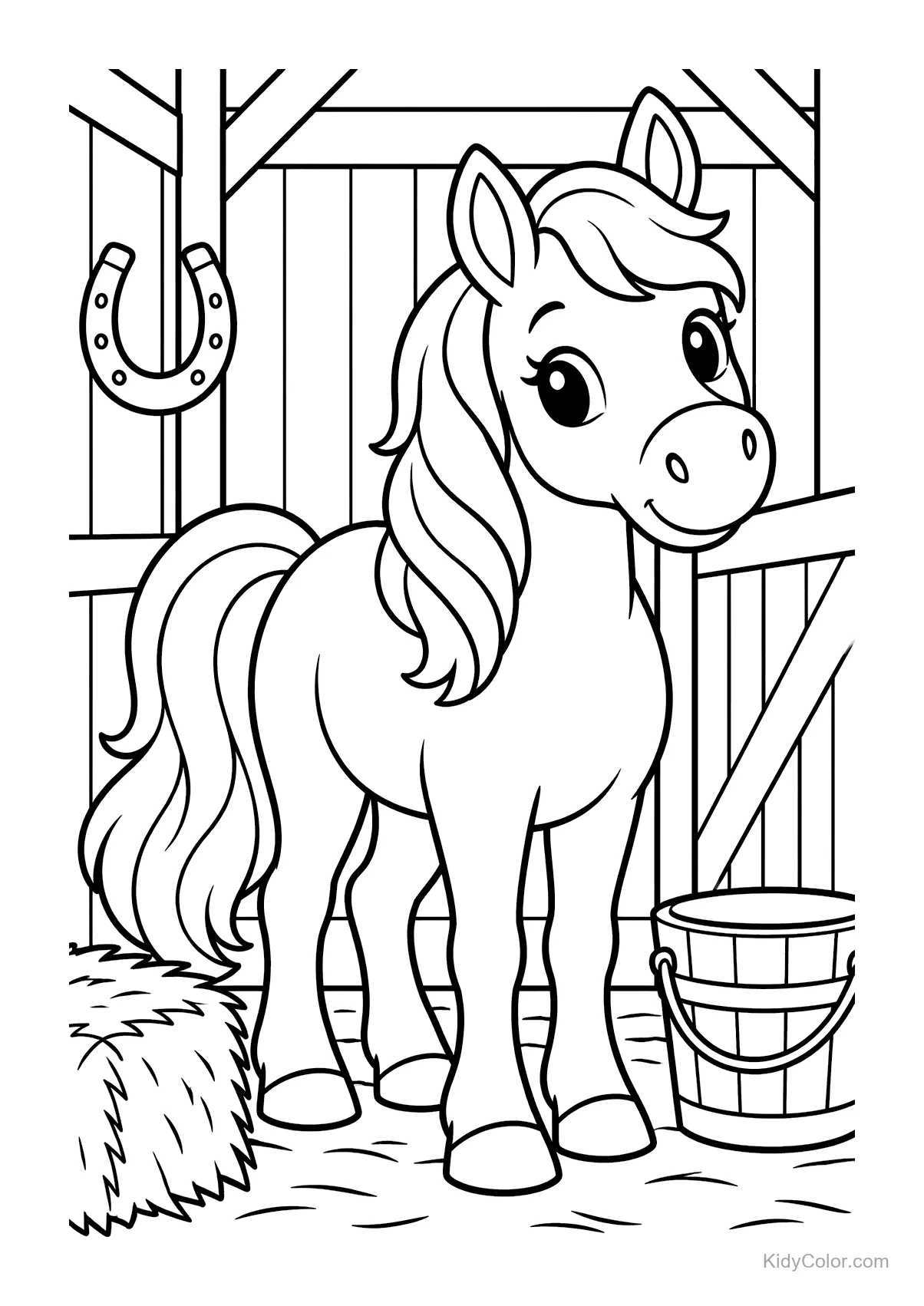 Pferd steht im Stall mit Heuballen und Eimer.