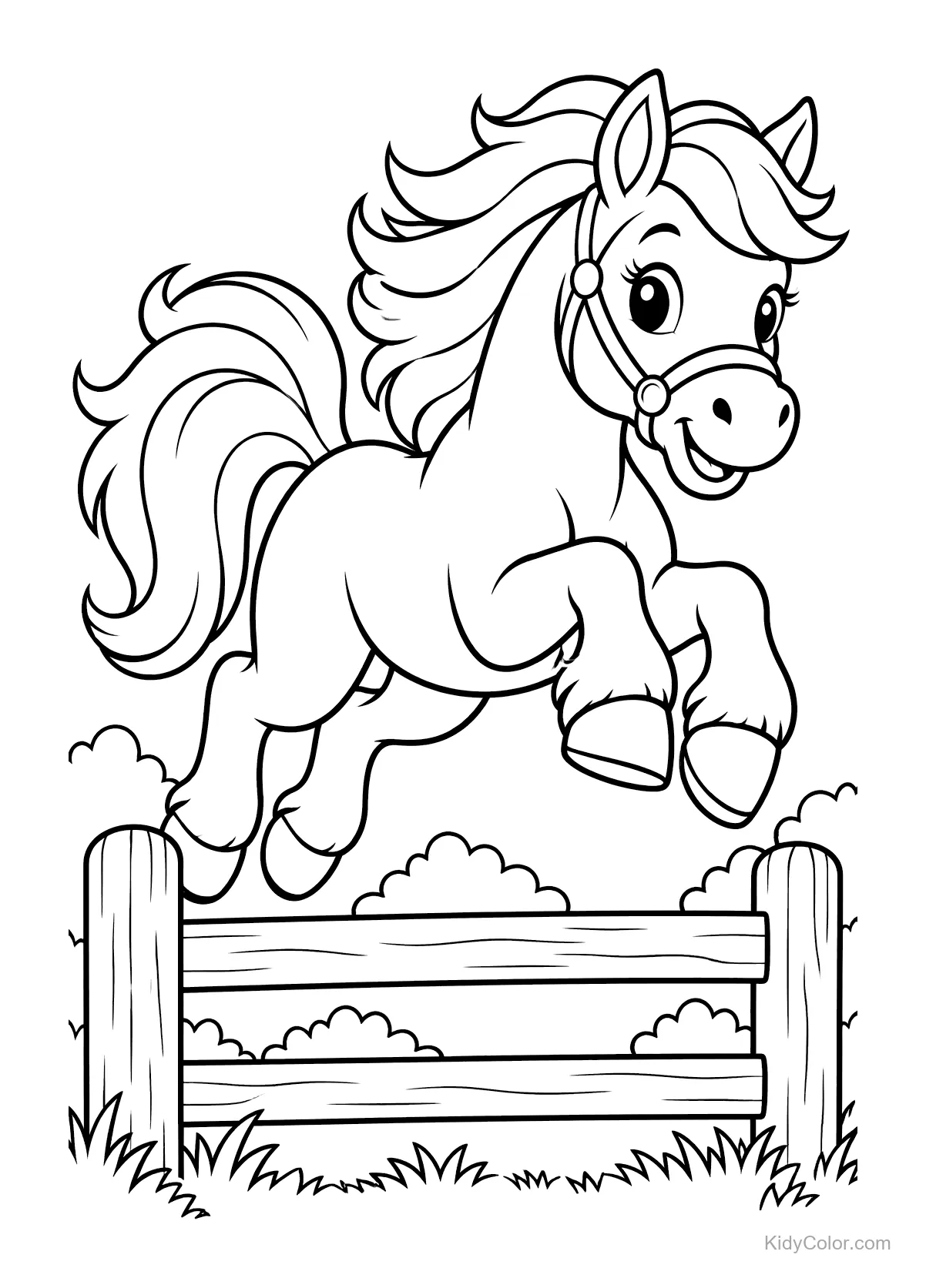 Cute horse jumping over a wooden fence with a happy face.