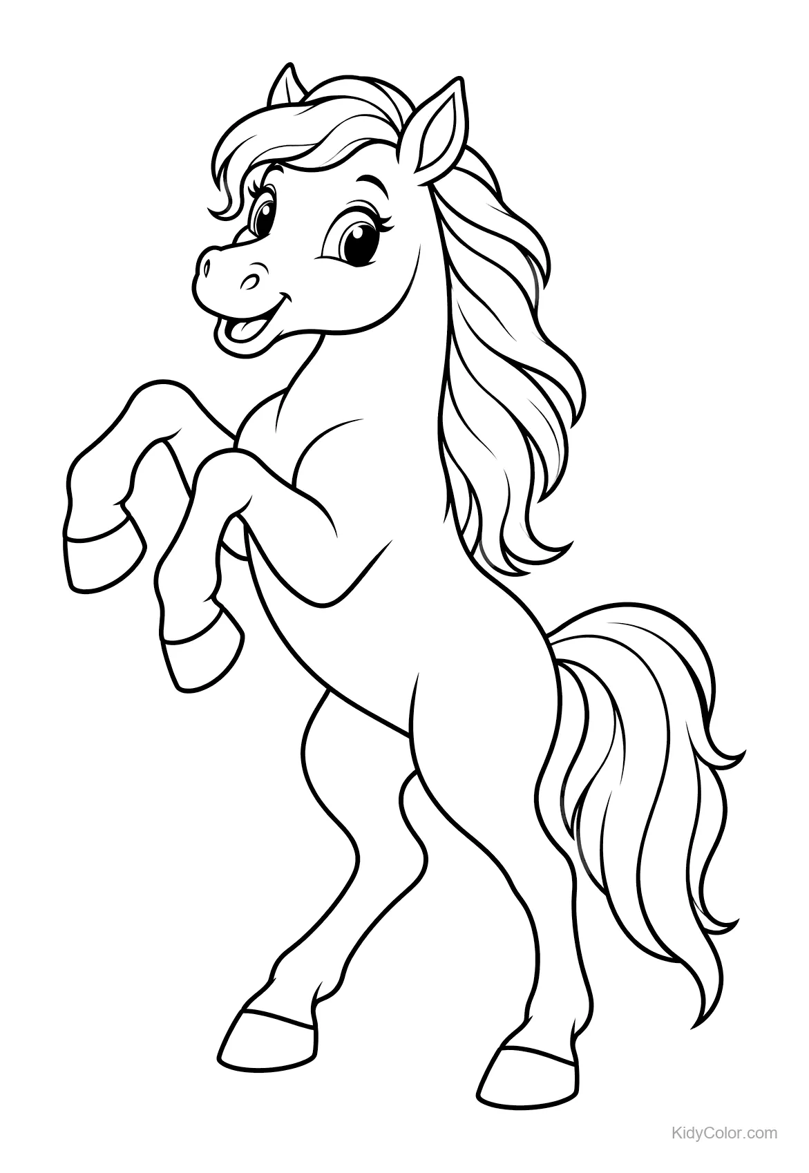 Un cheval mignon qui se cabre avec une expression joyeuse.