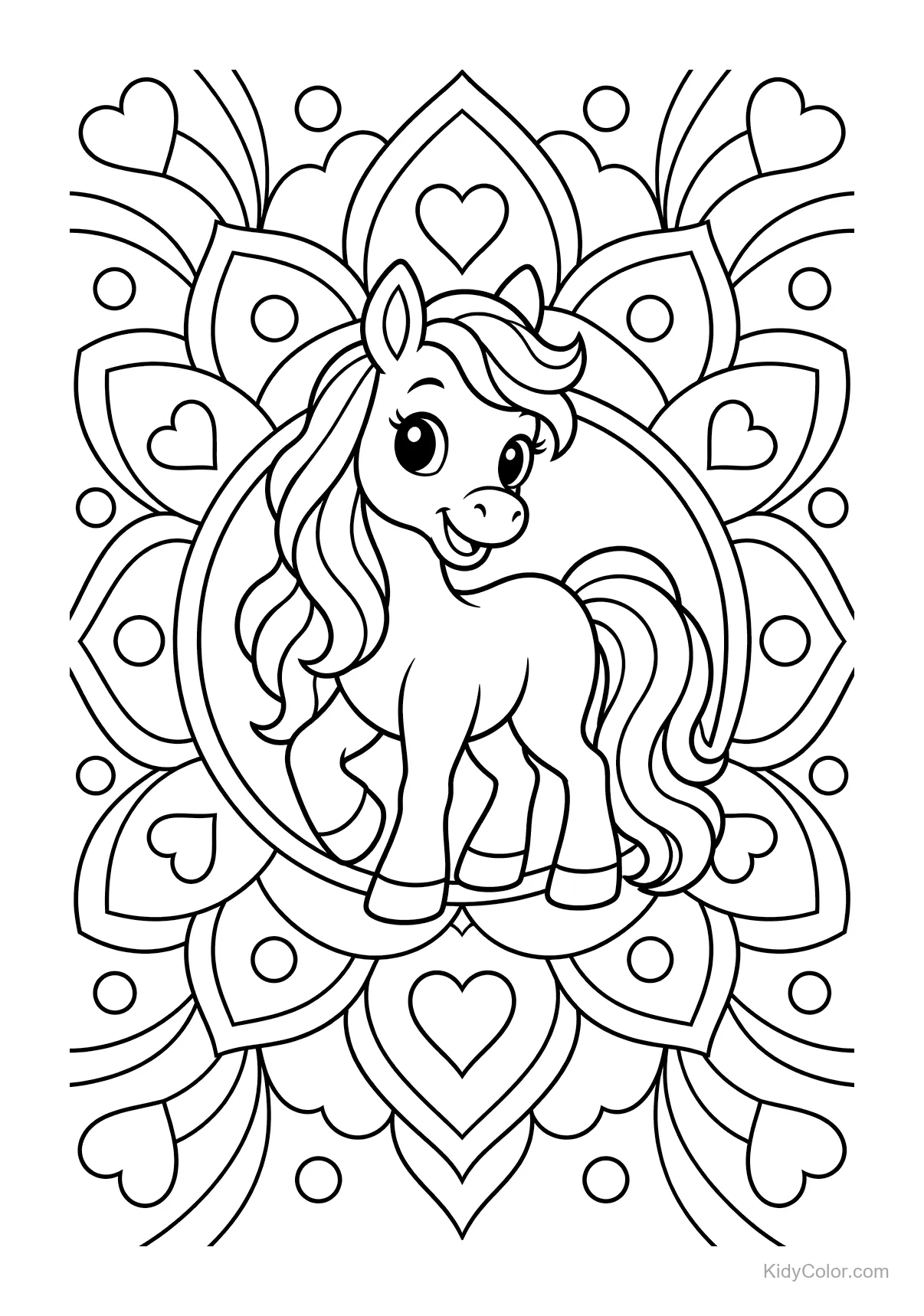 Cheval mignon devant un mandala avec des cœurs.