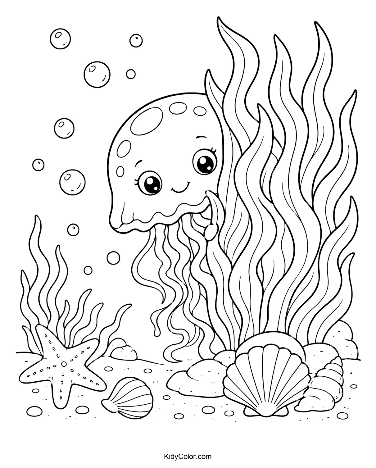Jellyfish with smiling face hiding among seaweeds with bubbles.