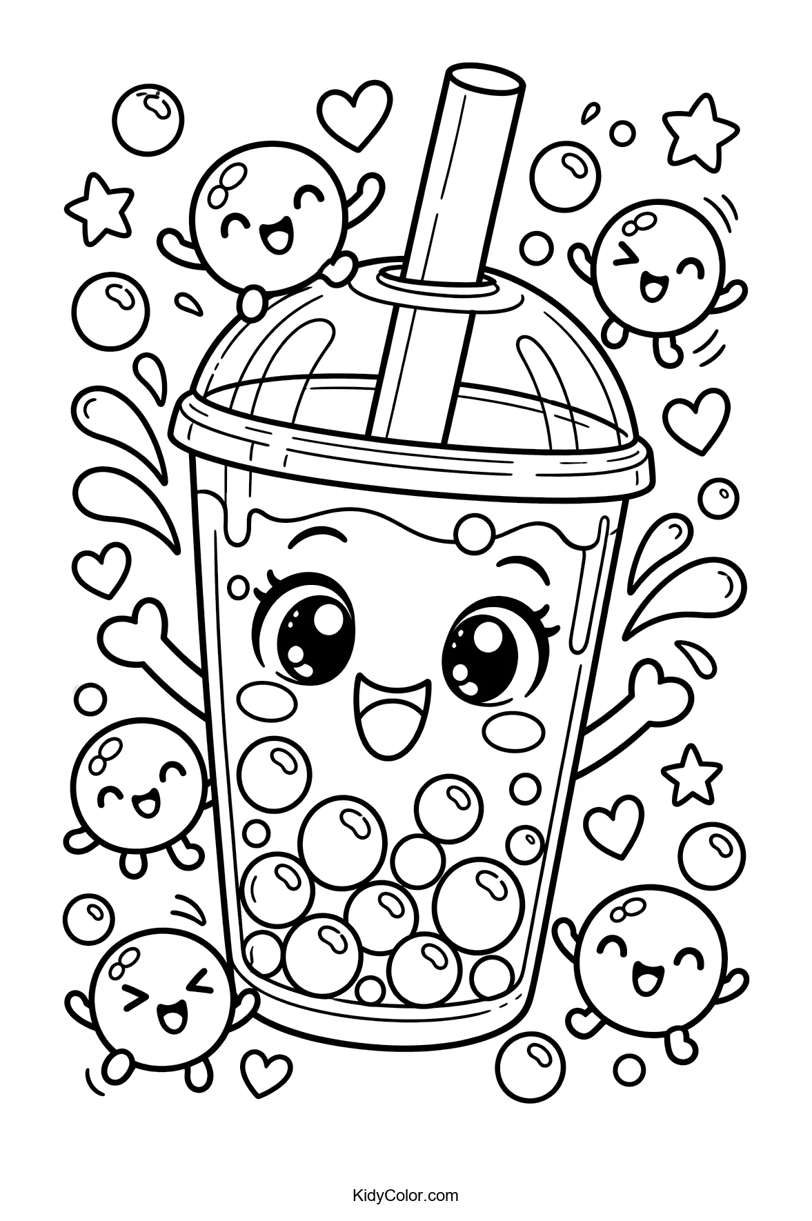 Kawaii boba tea cup with smiling tapioca pearls and playful decorations.
