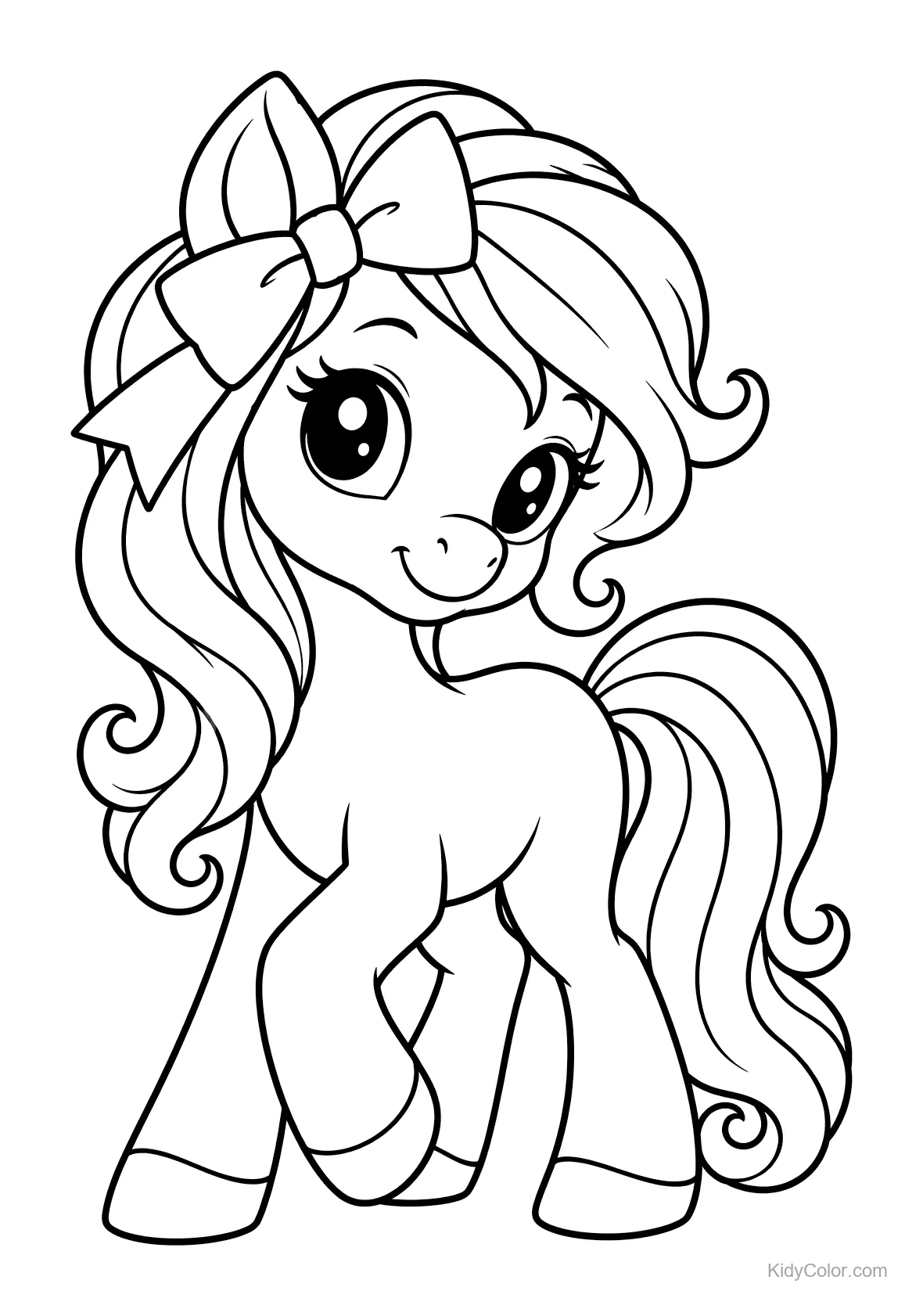Pony con un gran lazo en su melena ondulada, para colorear.