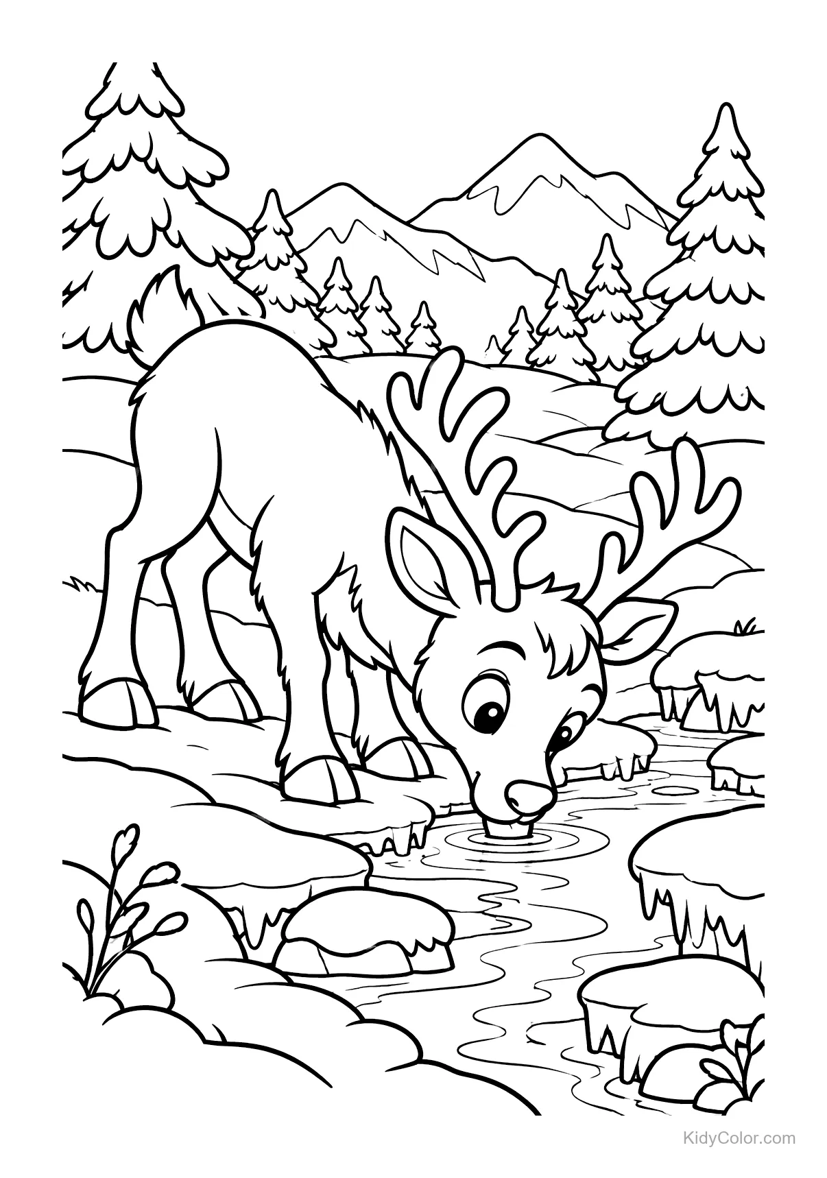 Cute reindeer drinking from a snowy stream with trees and mountains.