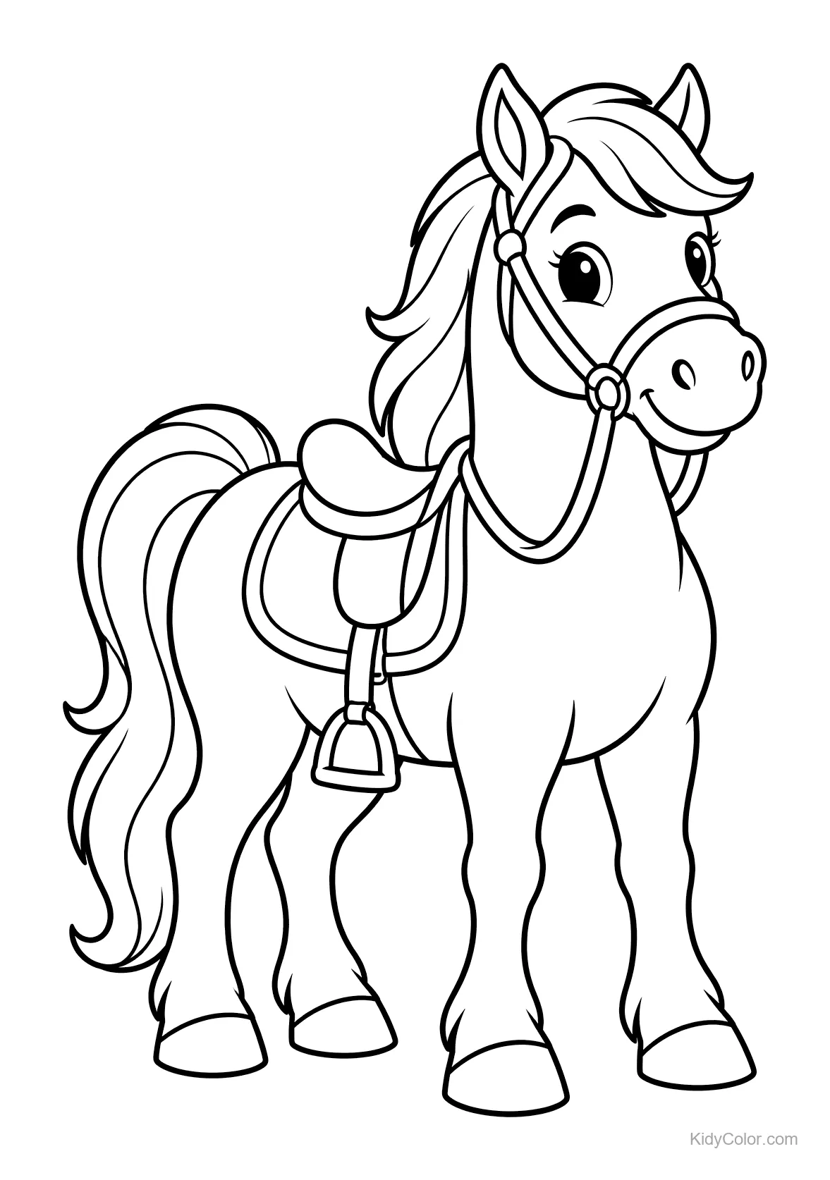 Un cheval mignon avec une selle et un bridon, debout.