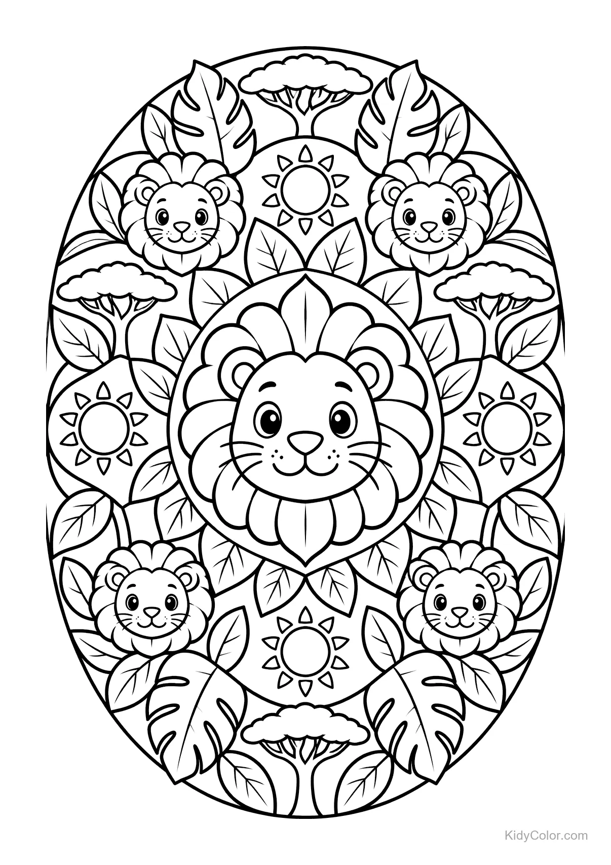 Löwenkopf im Zentrum eines Mandalas mit Blättern und Sonnen.