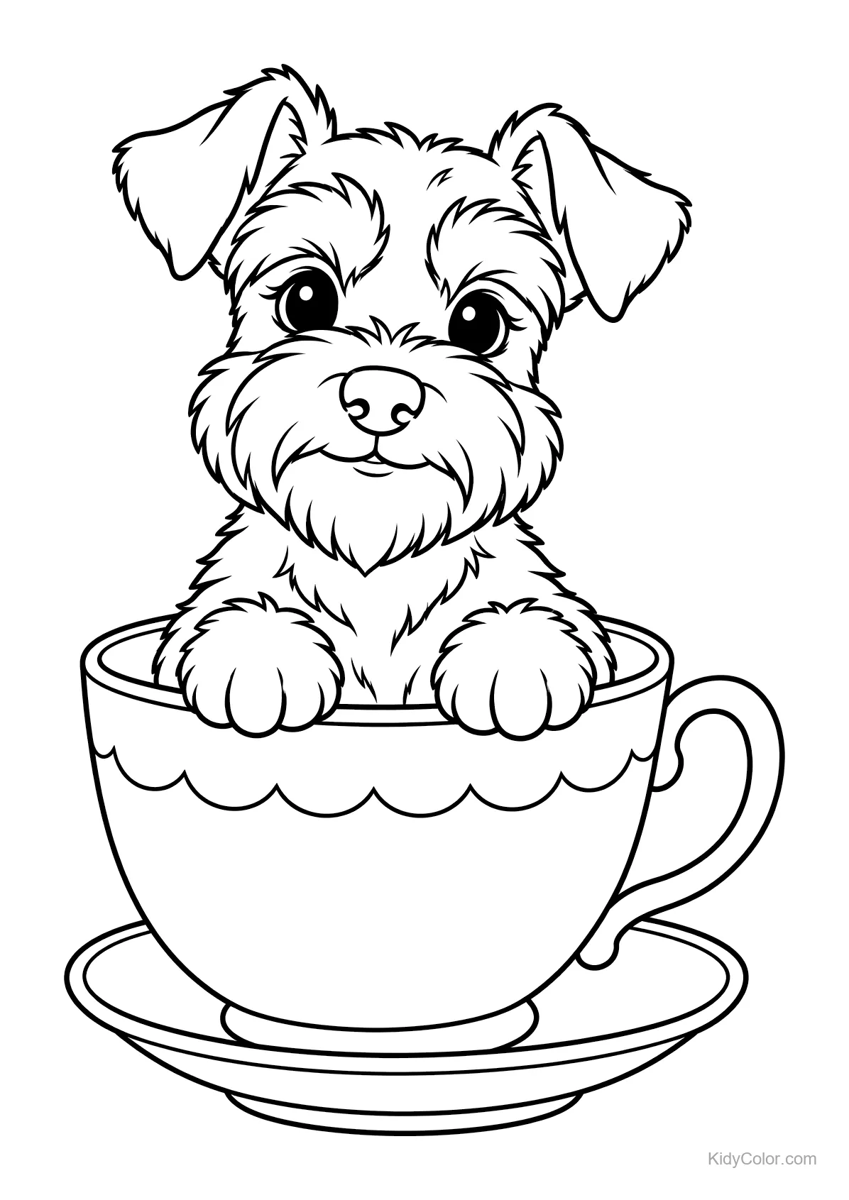 Miniatuur Schnauzer puppy in een theekopje op een schoteltje.