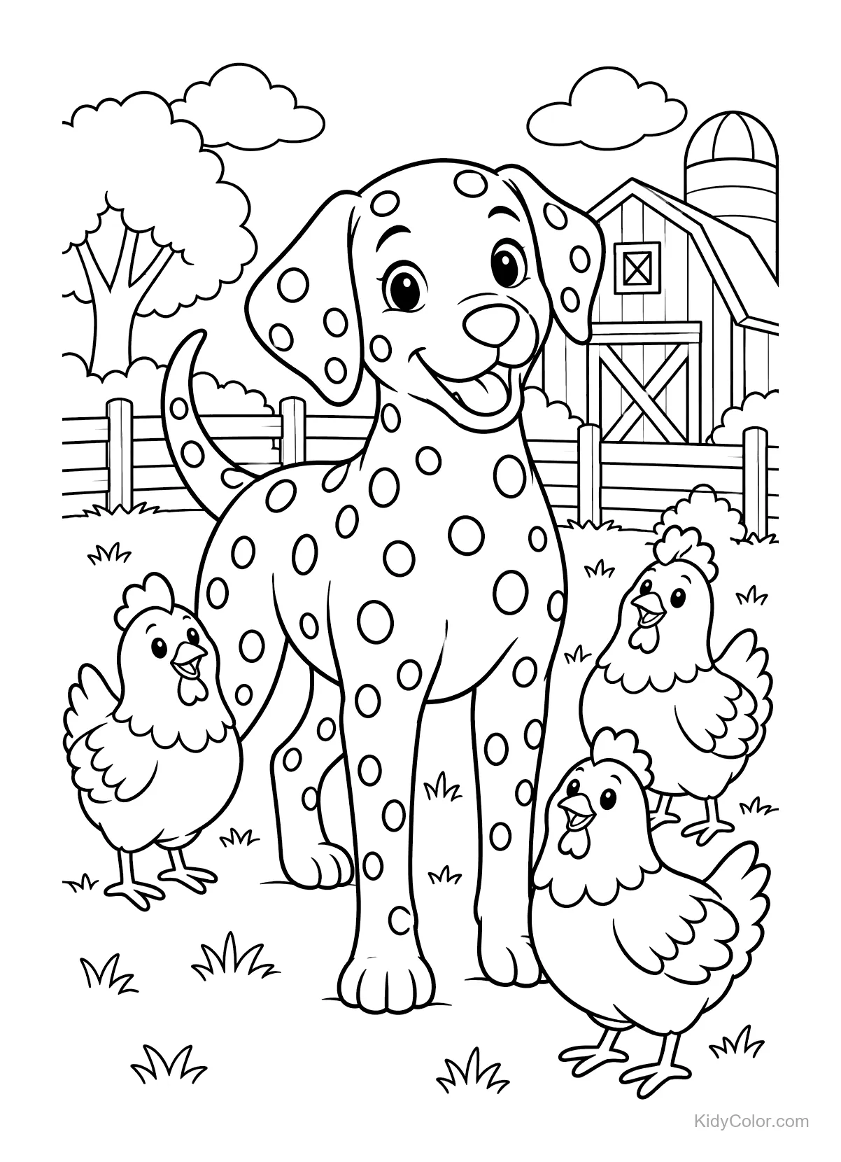 Dalmatien avec trois poules à la ferme, une grange en arrière-plan.