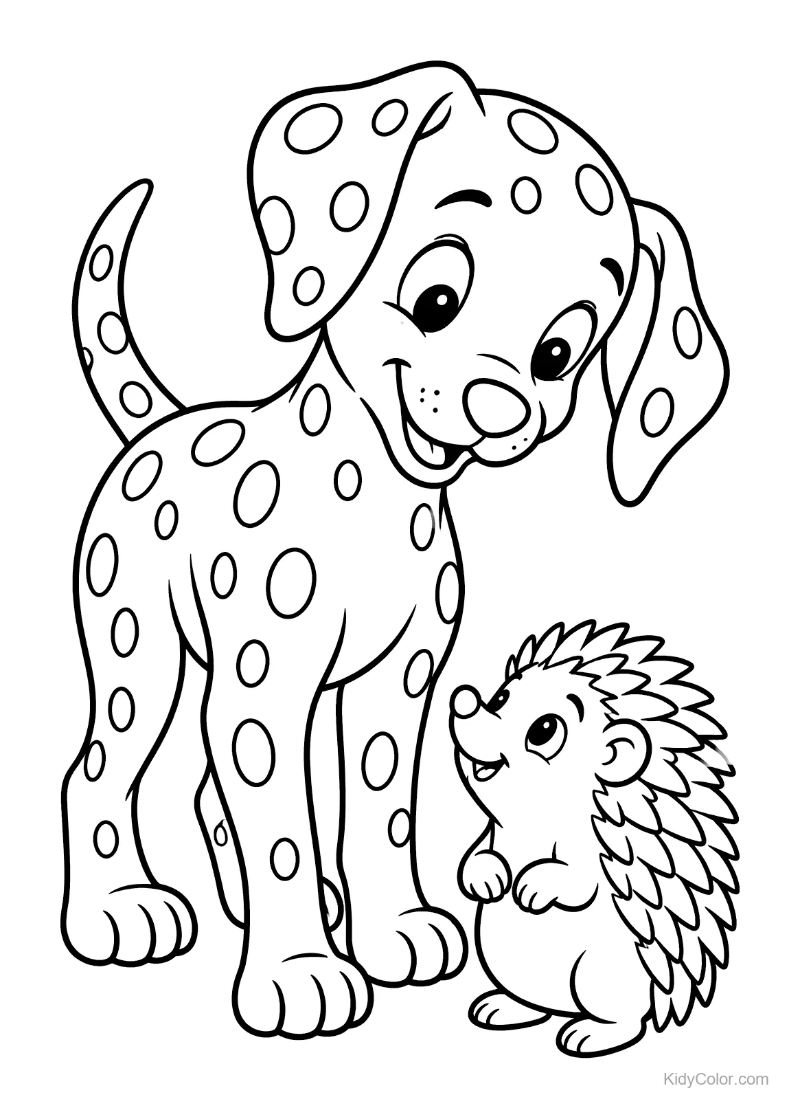 Dalmatian with spots greeting a smiling hedgehog.