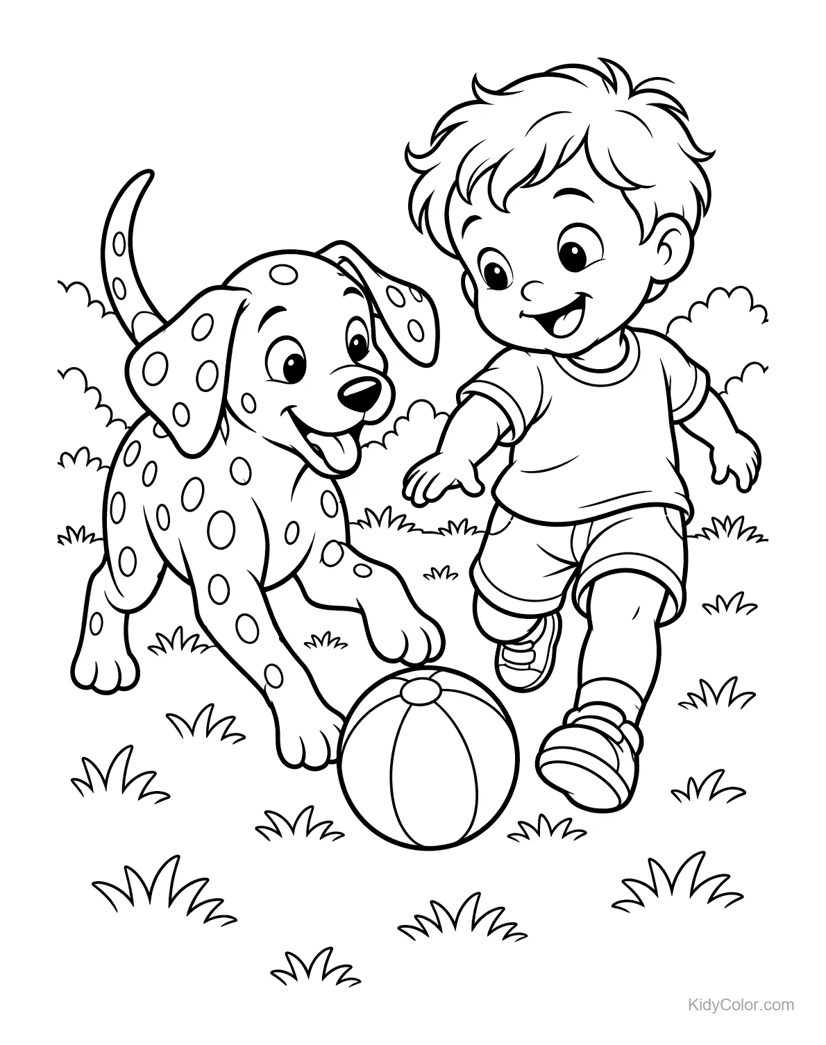 Dalmatian plays with toddler, rolling a ball on grass.