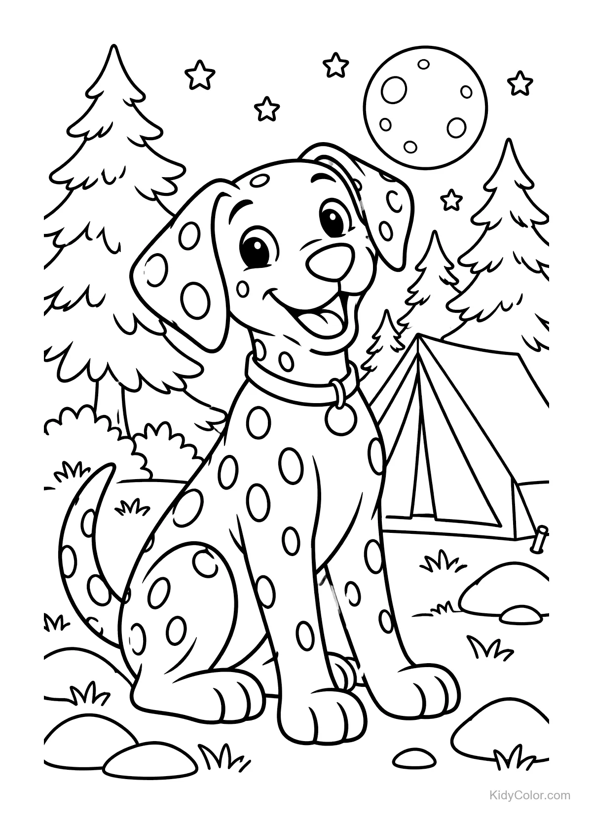 Dalmatien assis dehors sous un ciel étoilé avec des arbres et une tente.