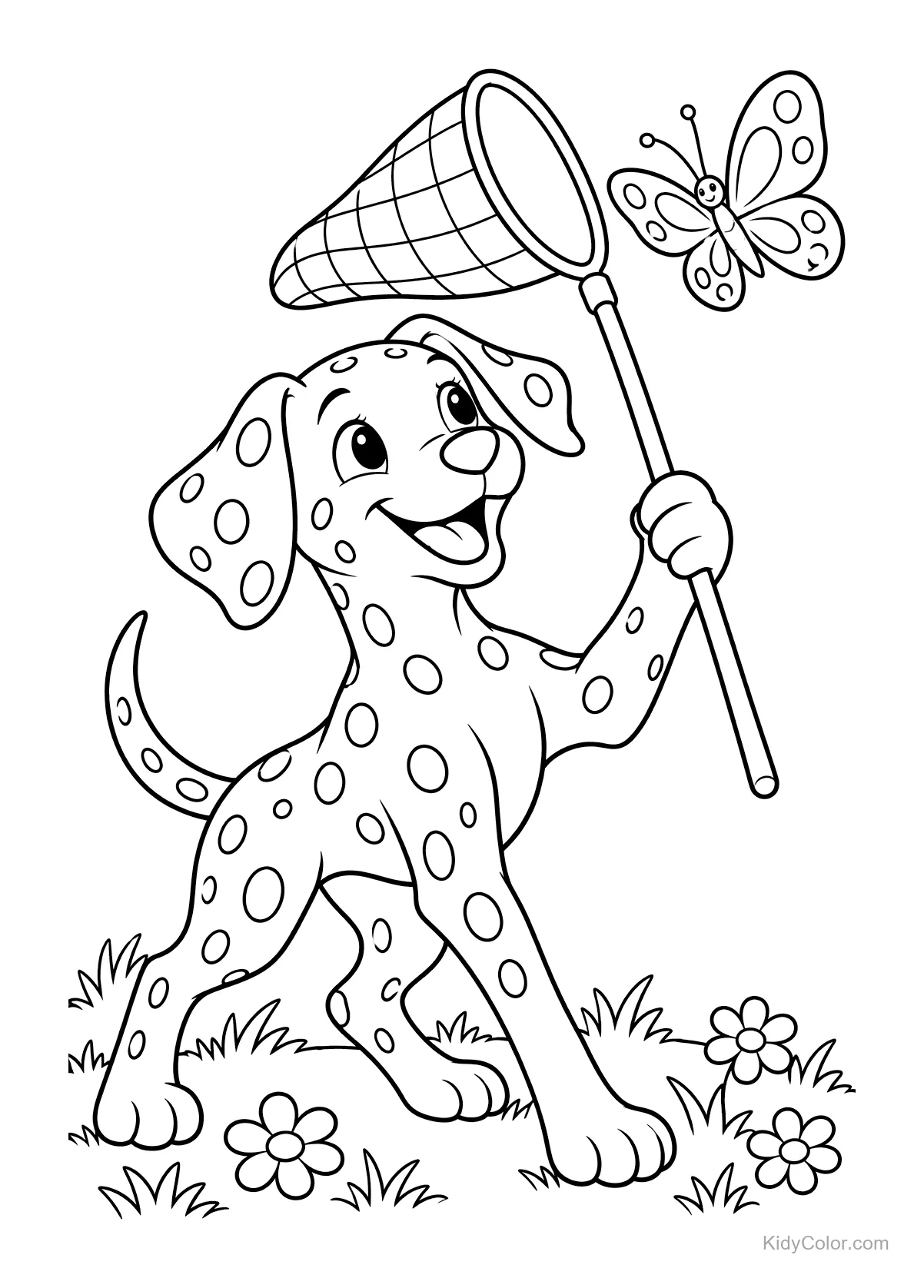 Dalmatian dog with a butterfly net, chasing a butterfly in a field.
