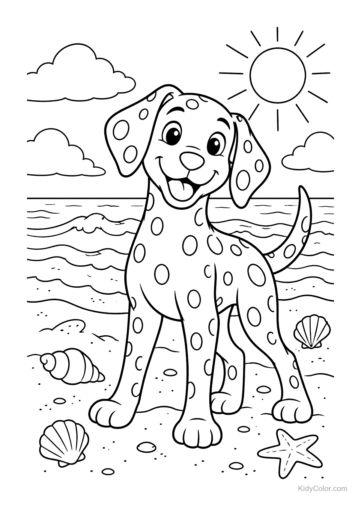 Dalmatian on the beach with shells under a sunny sky.