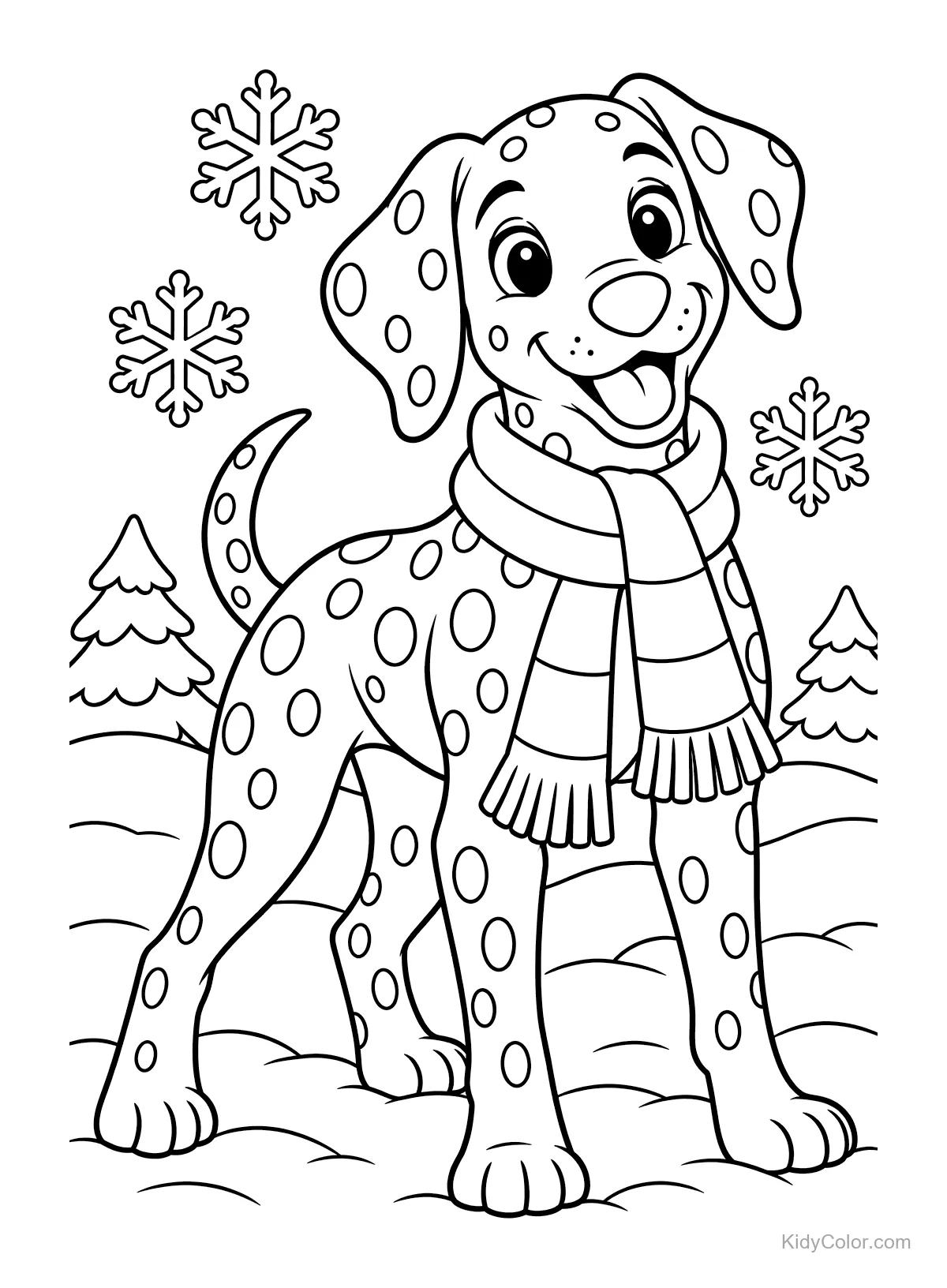 Dalmatian standing in snow with a scarf and snowflakes.