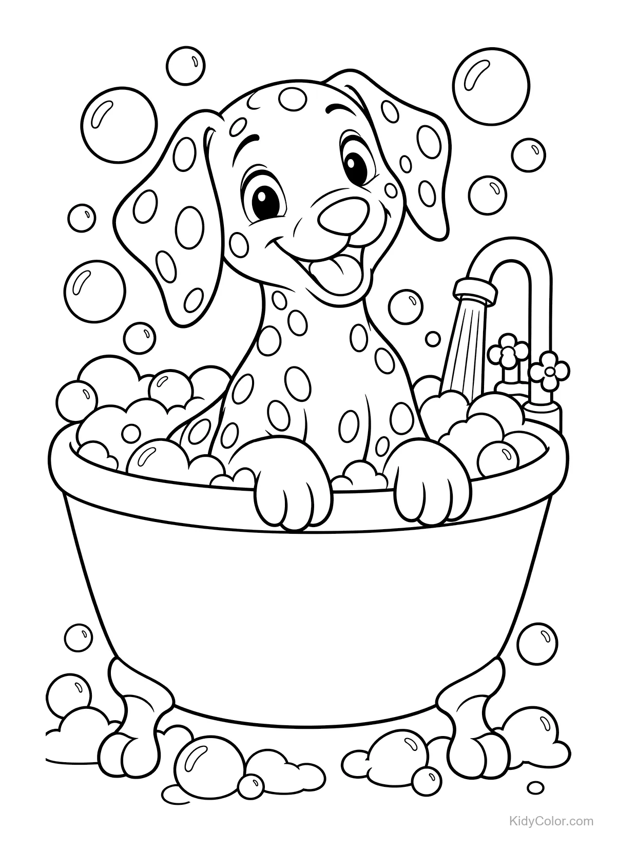 Dalmatian in a bubble bath, smiling with paws on the tub.