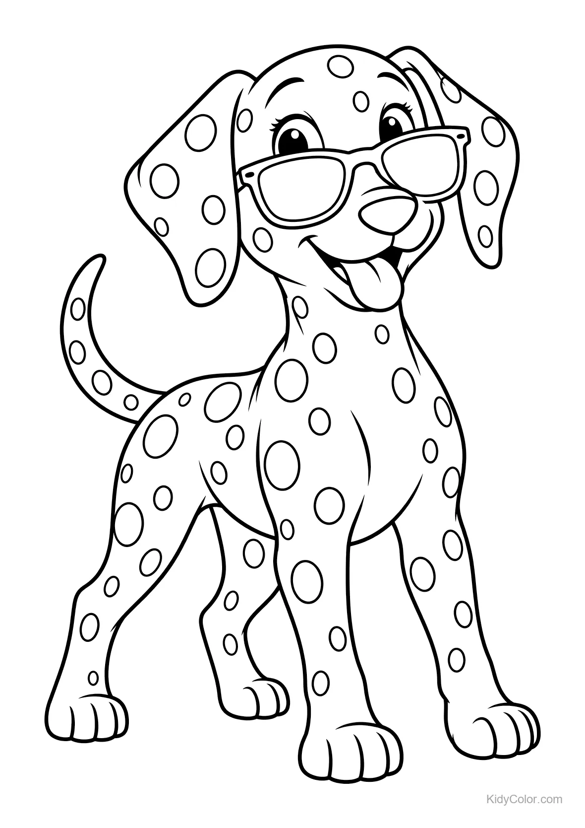 Dalmatien portant des lunettes de soleil avec la langue dehors.