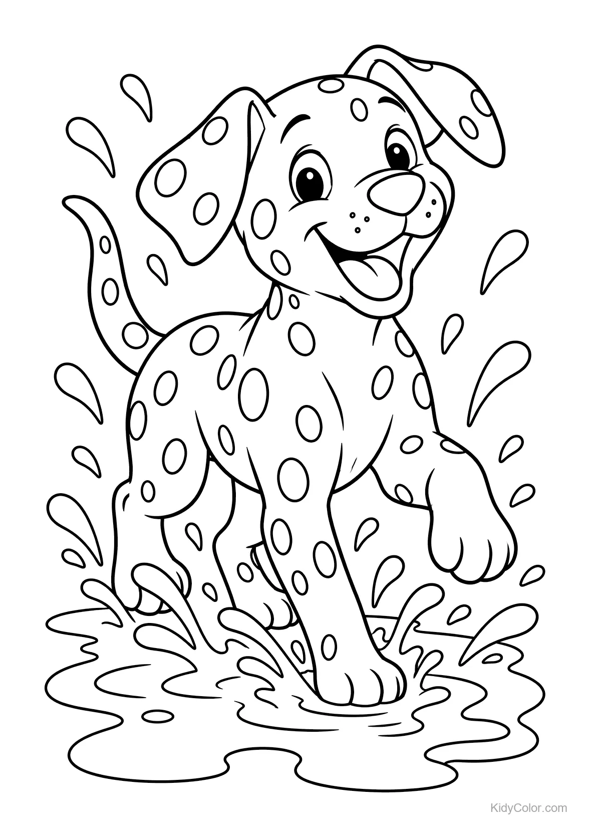 Cheerful Dalmatian splashing in a puddle with a big smile.