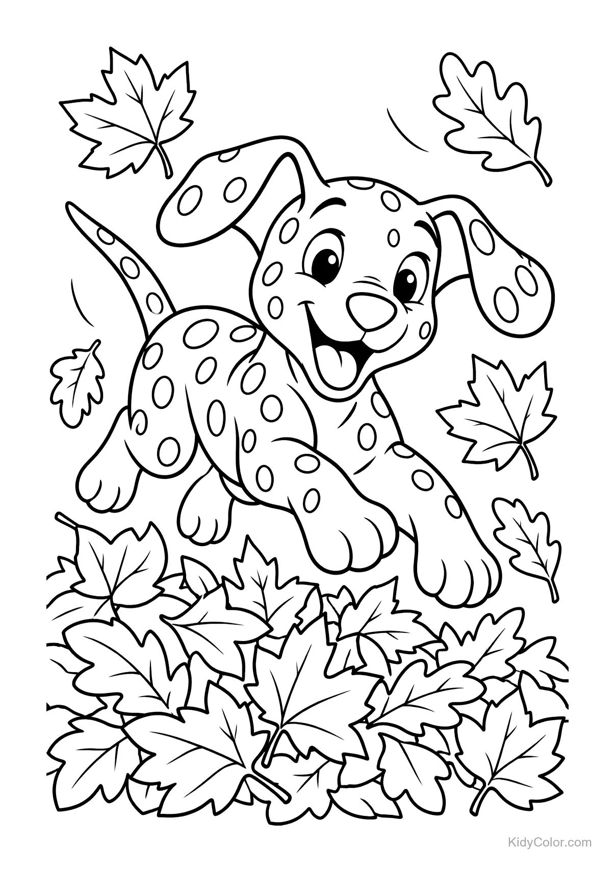 Dalmatian puppy jumping into a pile of autumn leaves.