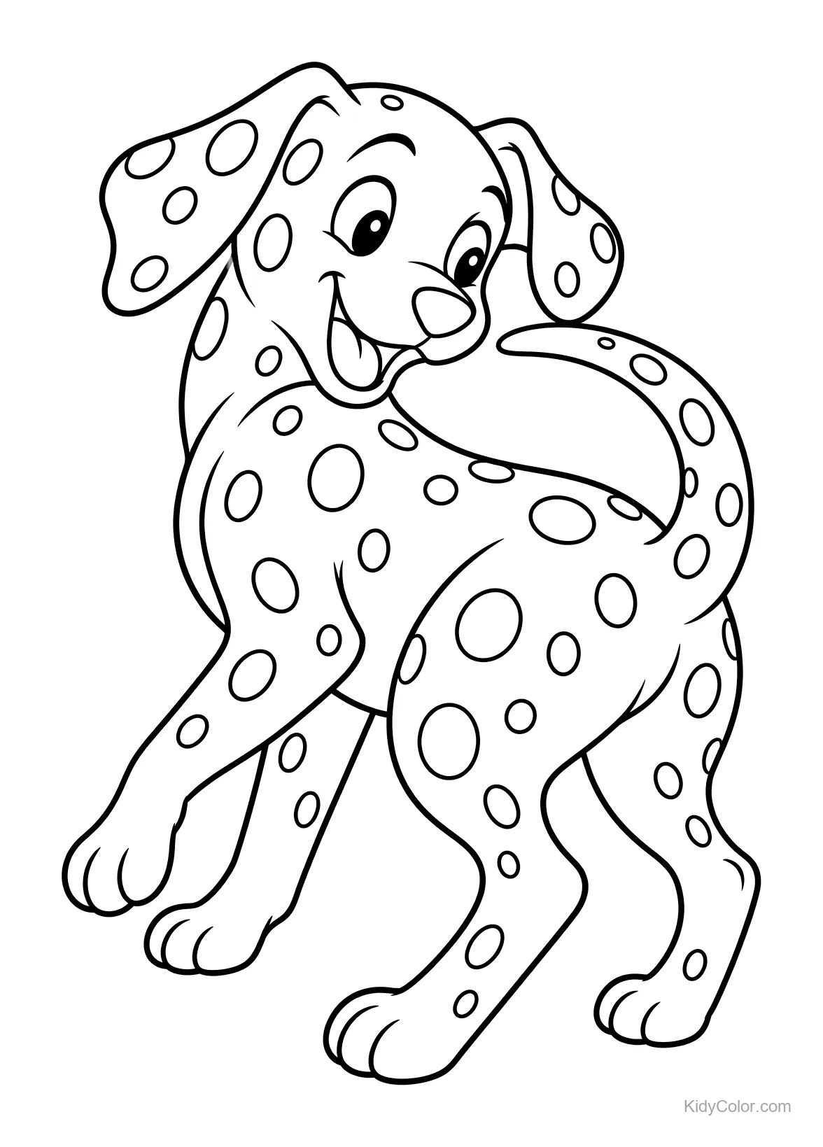 Playful Dalmatian chasing its tail with a happy expression.