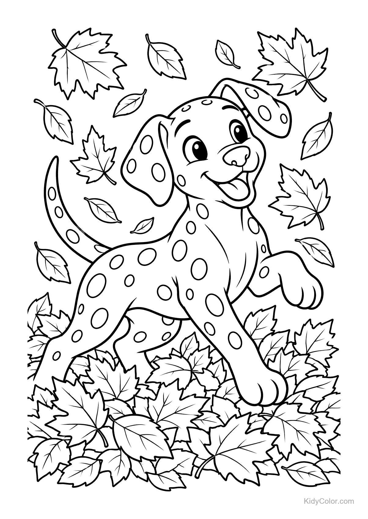 Dalmatian dog plays among autumn leaves falling around.