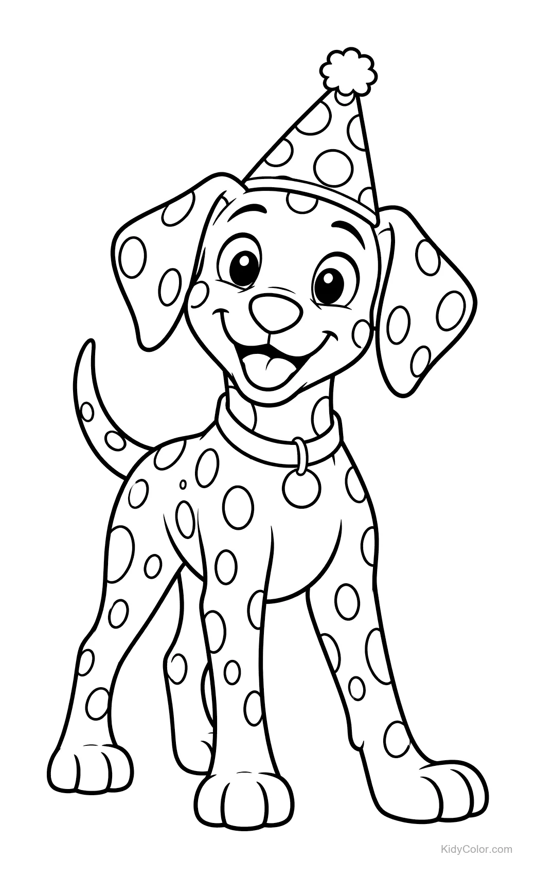 Dalmatian wearing a party hat and standing happily.