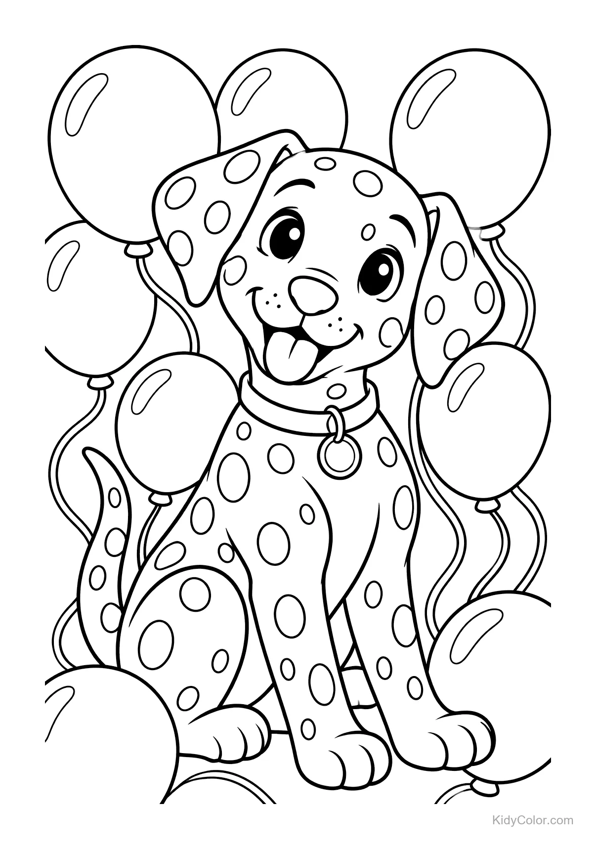 Dalmatian puppy with spotted coat surrounded by balloons.