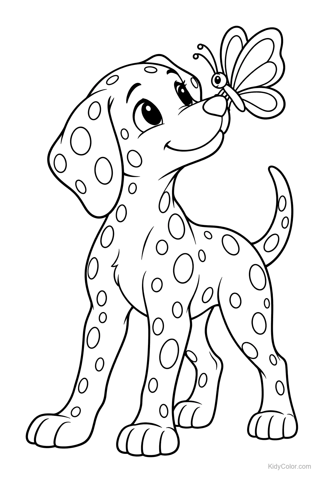 Dalmatian puppy with a butterfly on its nose.