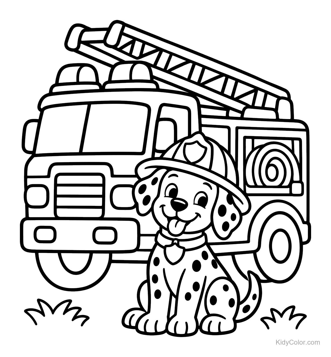 Dalmatian wearing a firefighter helmet sitting by a fire truck.