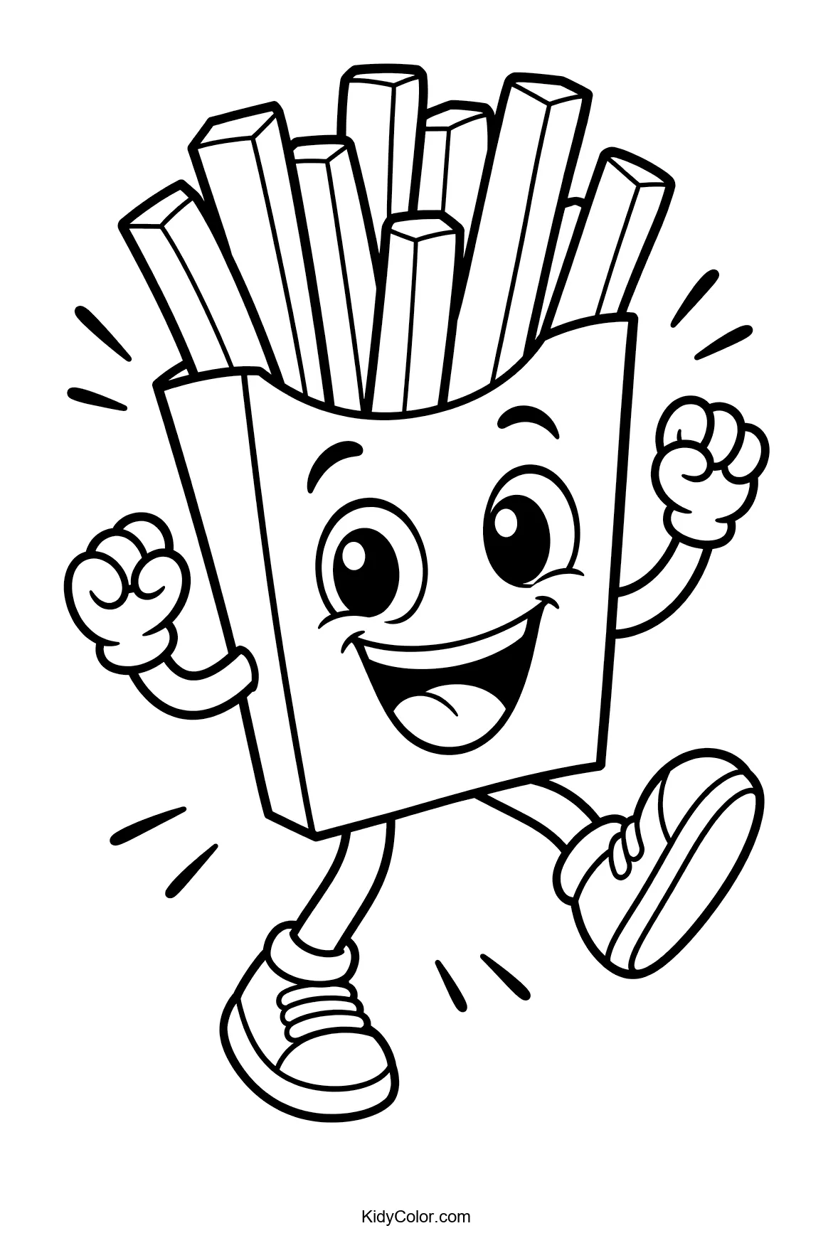 Cartoon fries character with arms and legs dancing happily.