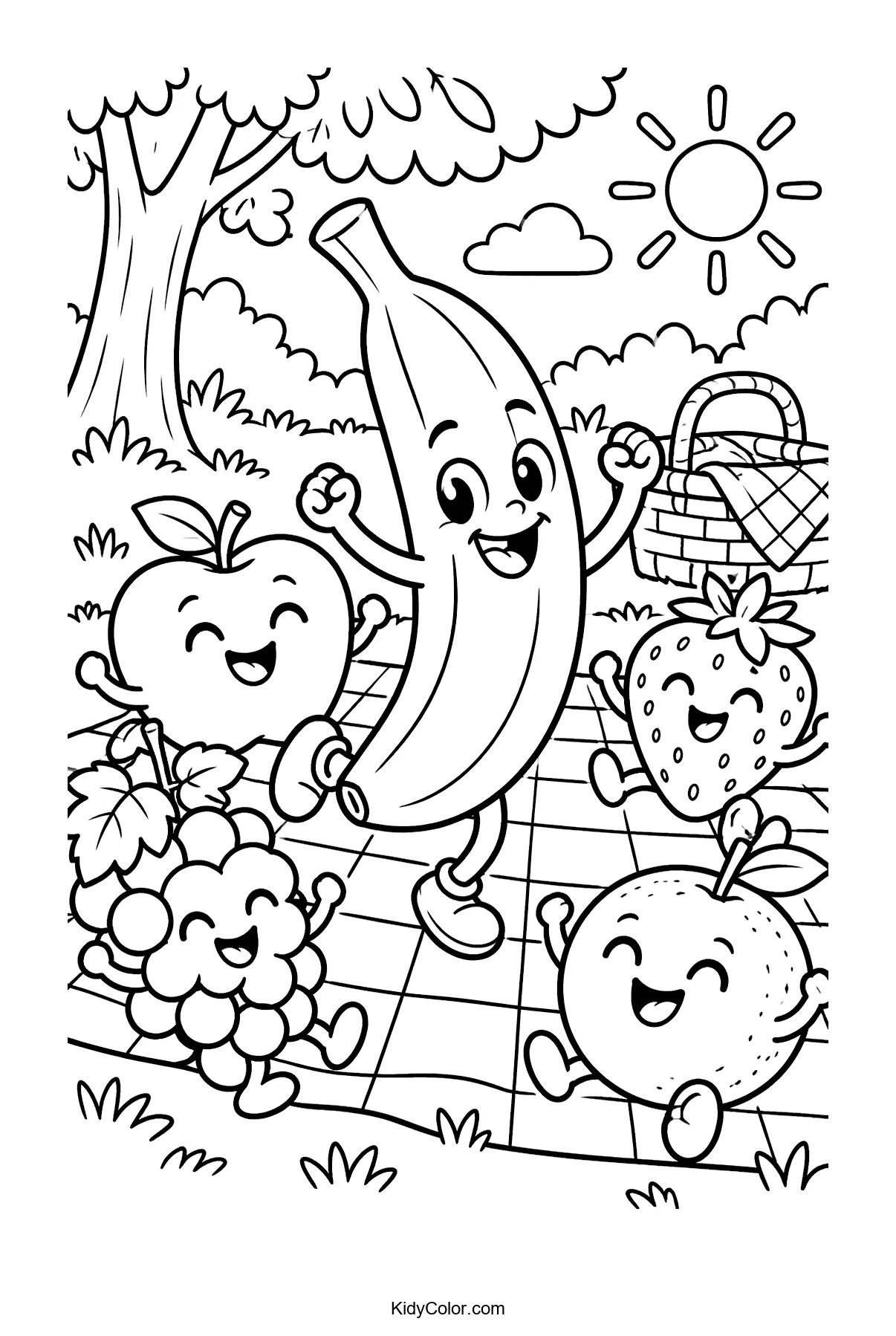 Dancing banana, apple, strawberry, grapes, and orange at a picnic.