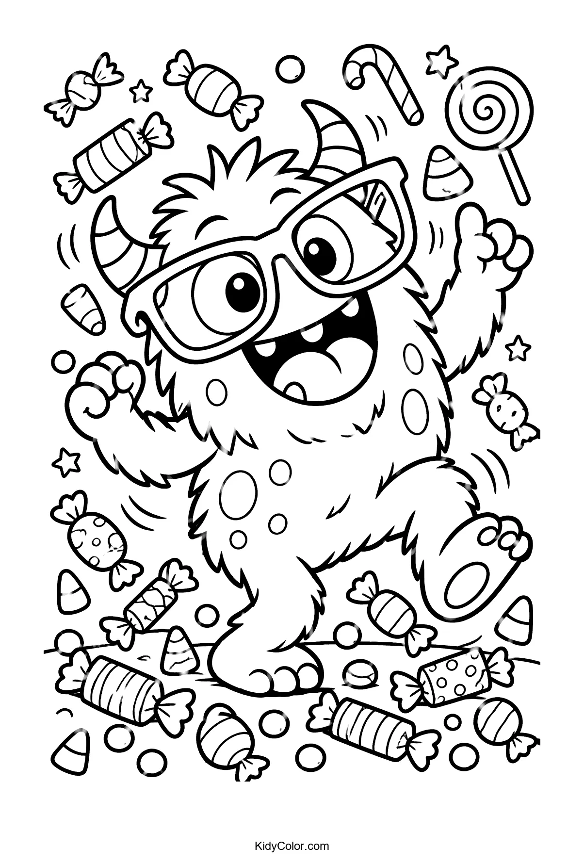 A cheerful monster wearing glasses dances surrounded by candy.
