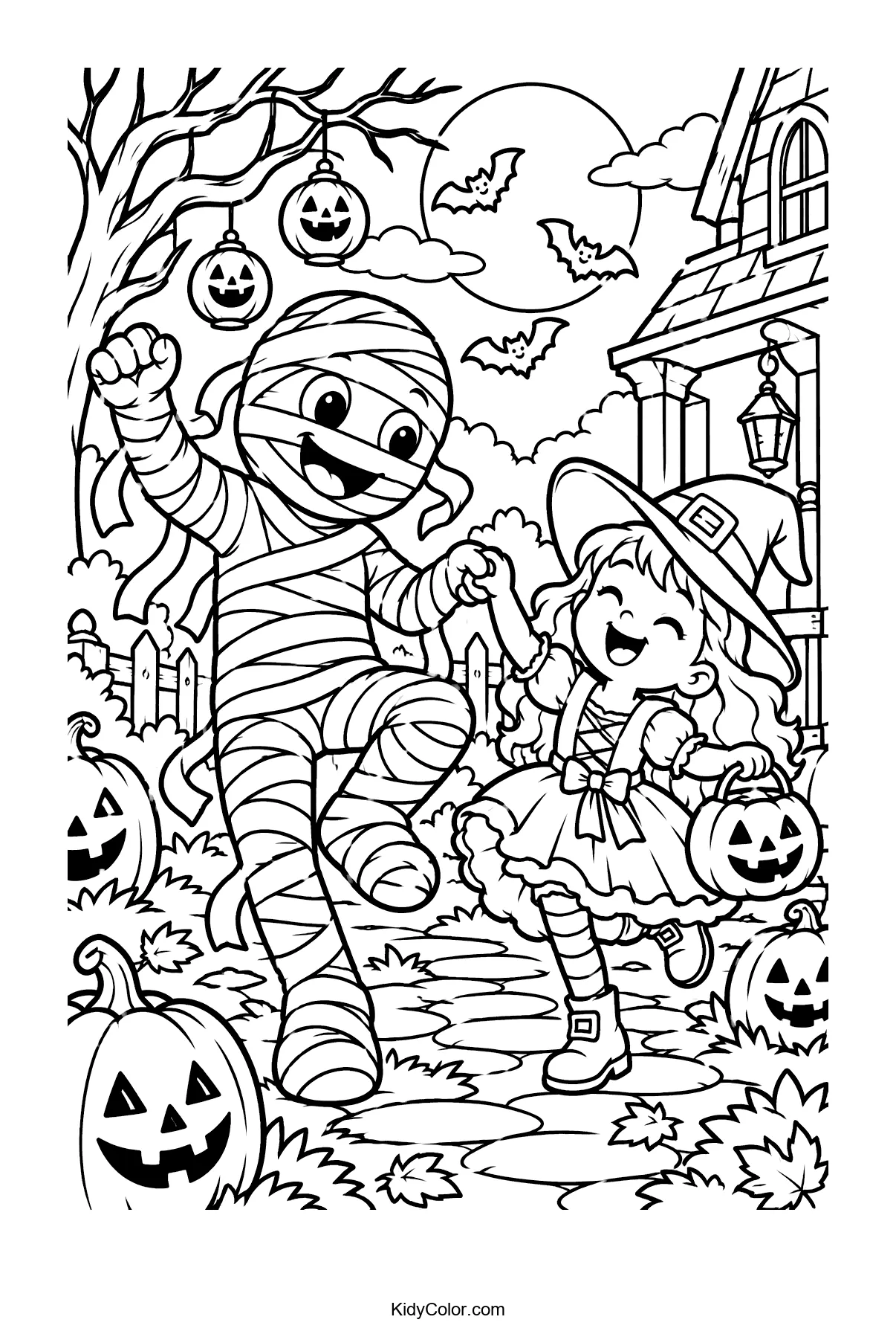 A mummy and a little witch holding hands and dancing, surrounded by jack-o'-lanterns and bats.
