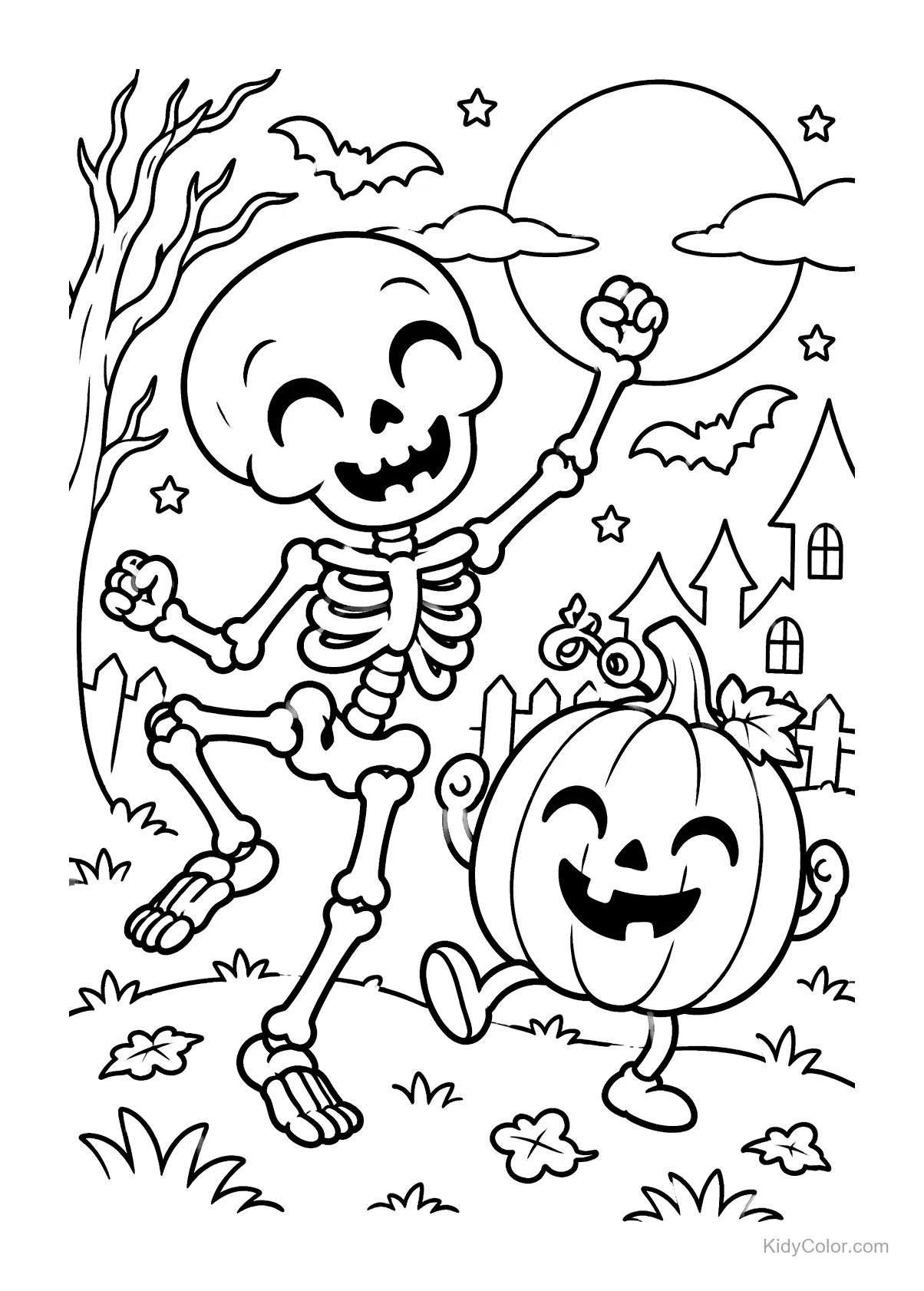 Esqueleto y calabaza bailando bajo la luna con murciélagos y casa embrujada.
