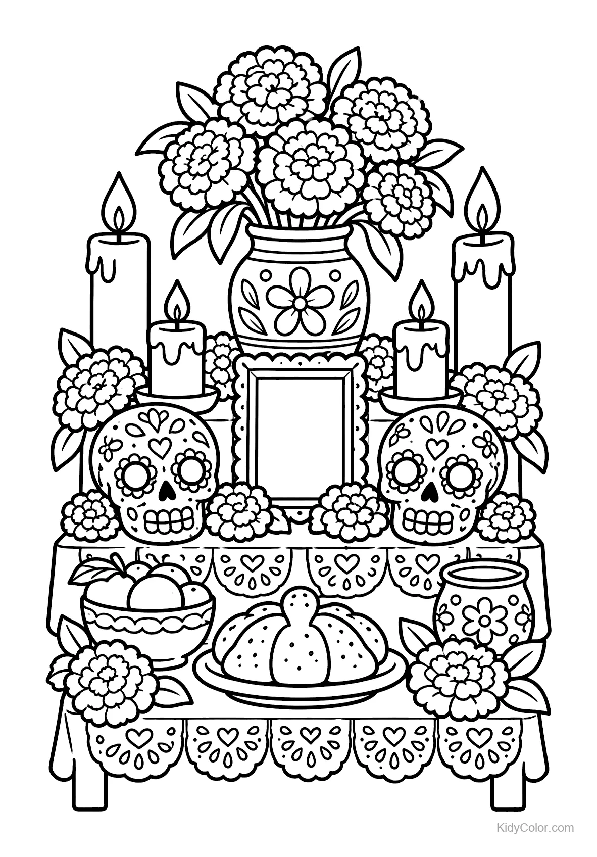 Day of the Dead altar with sugar skulls, candles, and flowers.