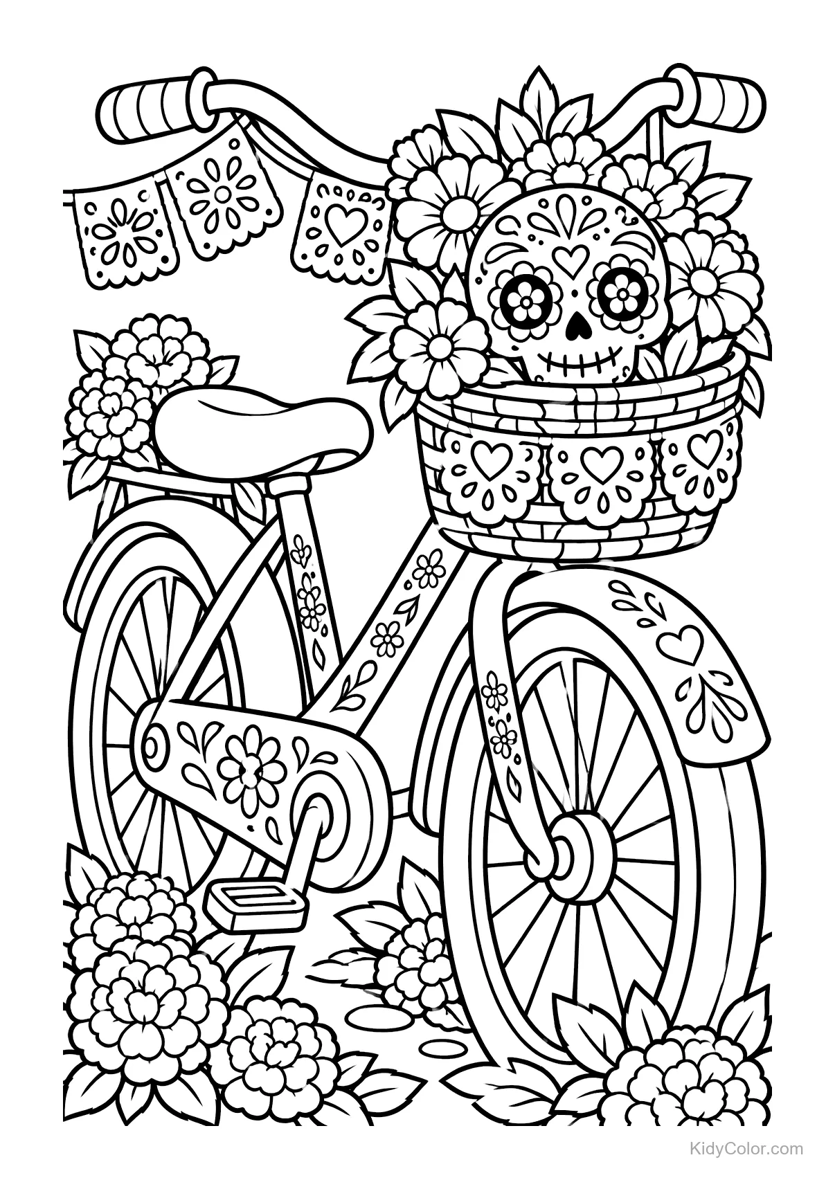 Bicycle decorated with flowers and a skull for Day of the Dead.