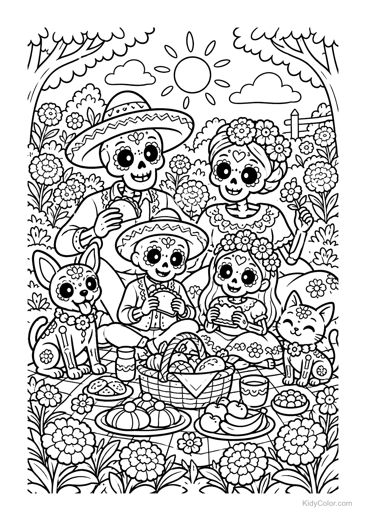 Skeleton family having a picnic surrounded by marigolds.