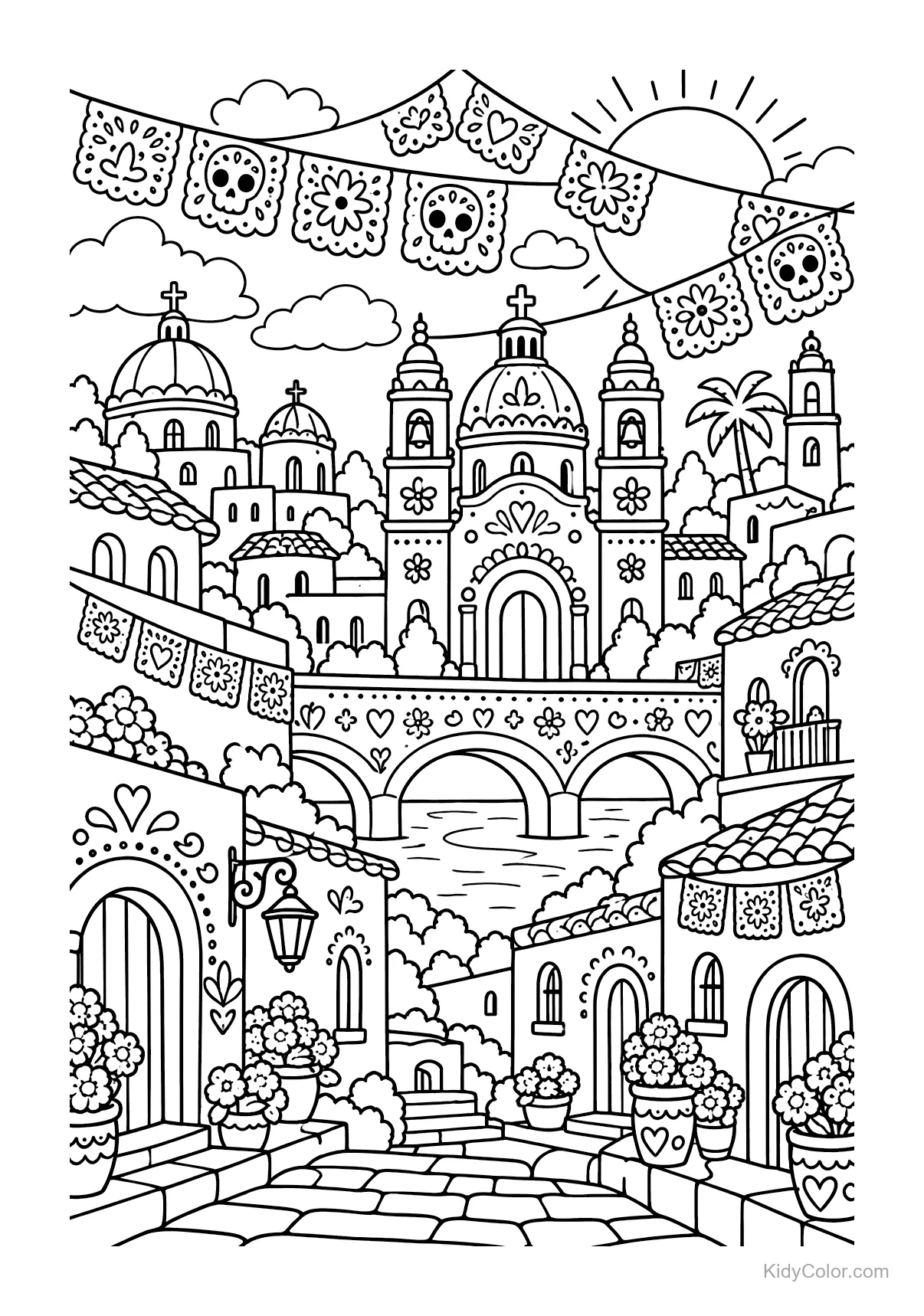 Skyline with Day of the Dead decorations and classic architecture.