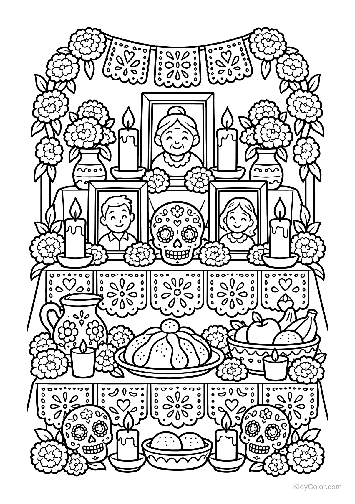Day of the Dead ofrenda with candles, skulls, and photos.