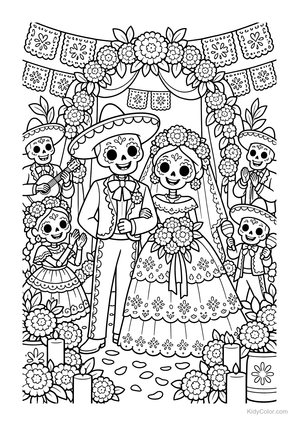 Day of the Dead wedding with sugar skulls and flowers.