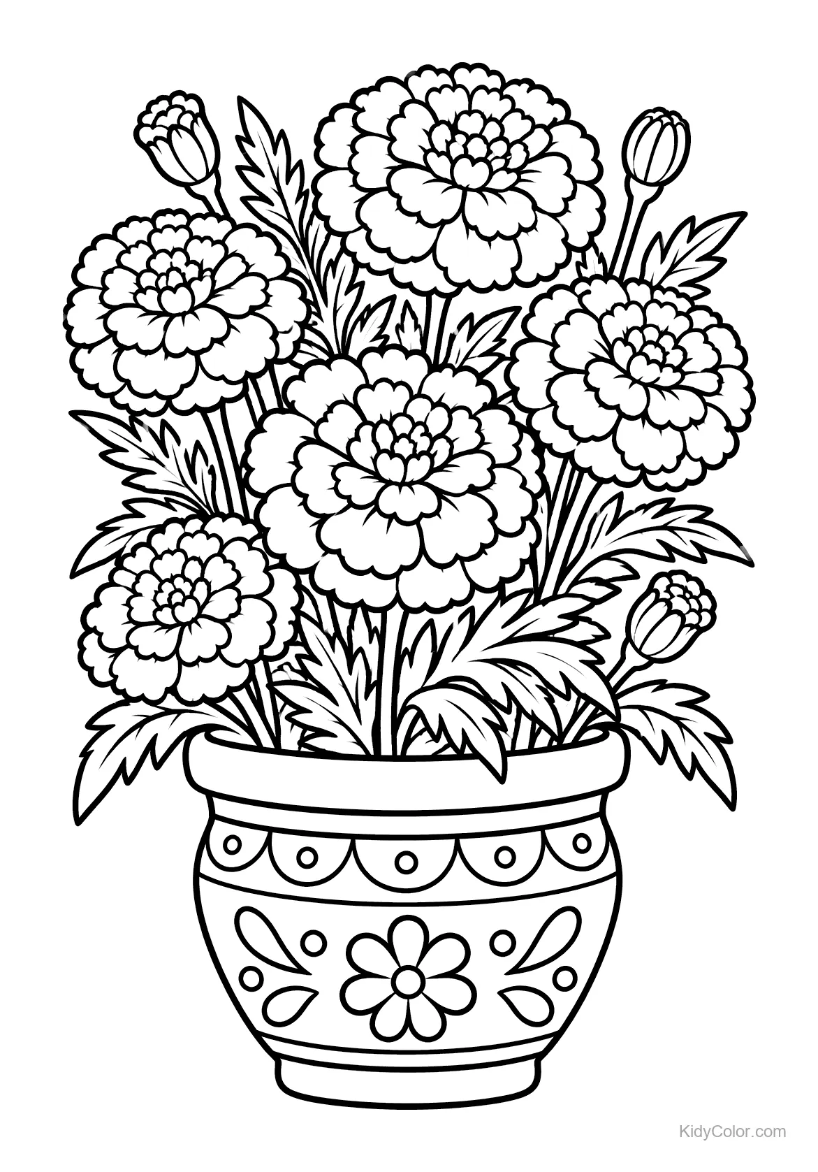 Marigold bouquet in a decorative pot with patterns.